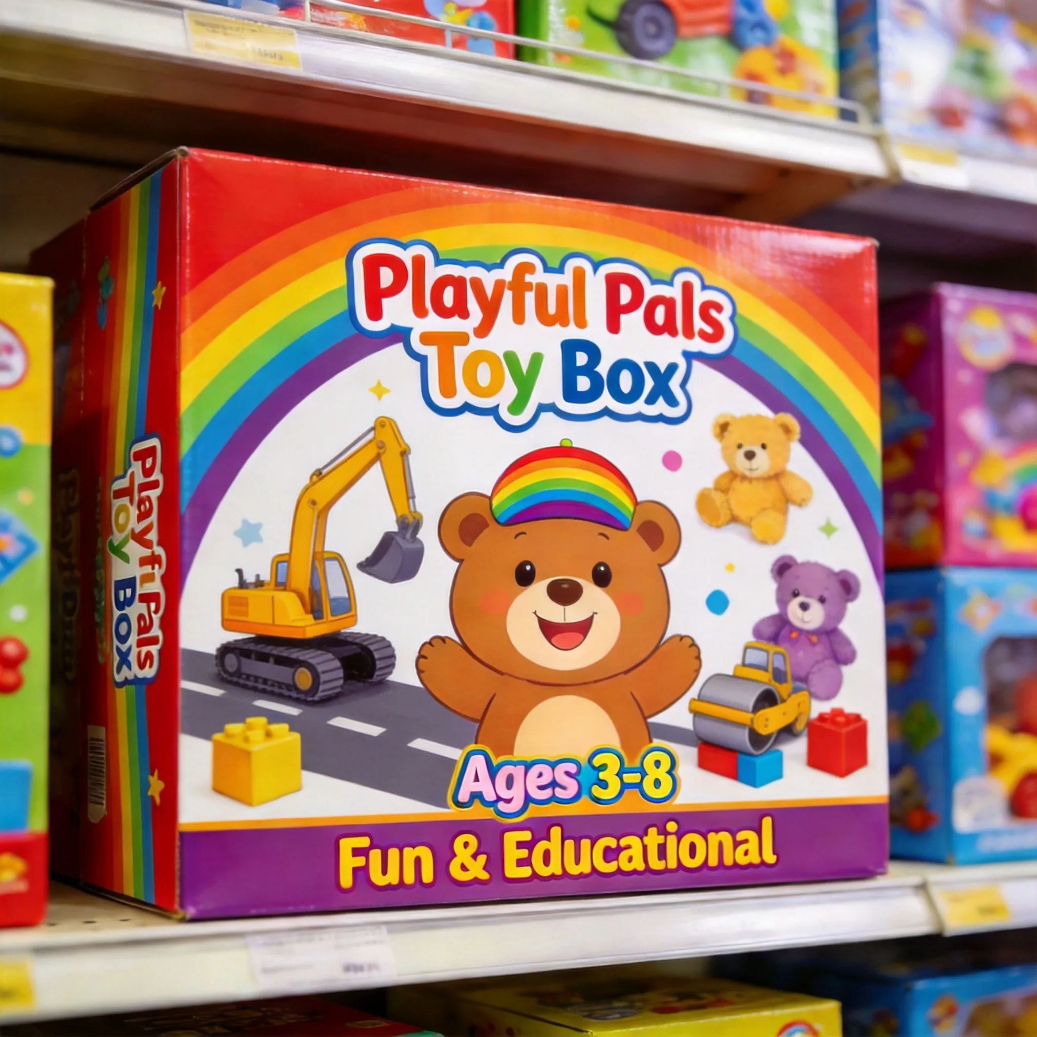 **Replace the two cars on the packaging with an excavator and a road roller while preserving the original packaging design and layout.**