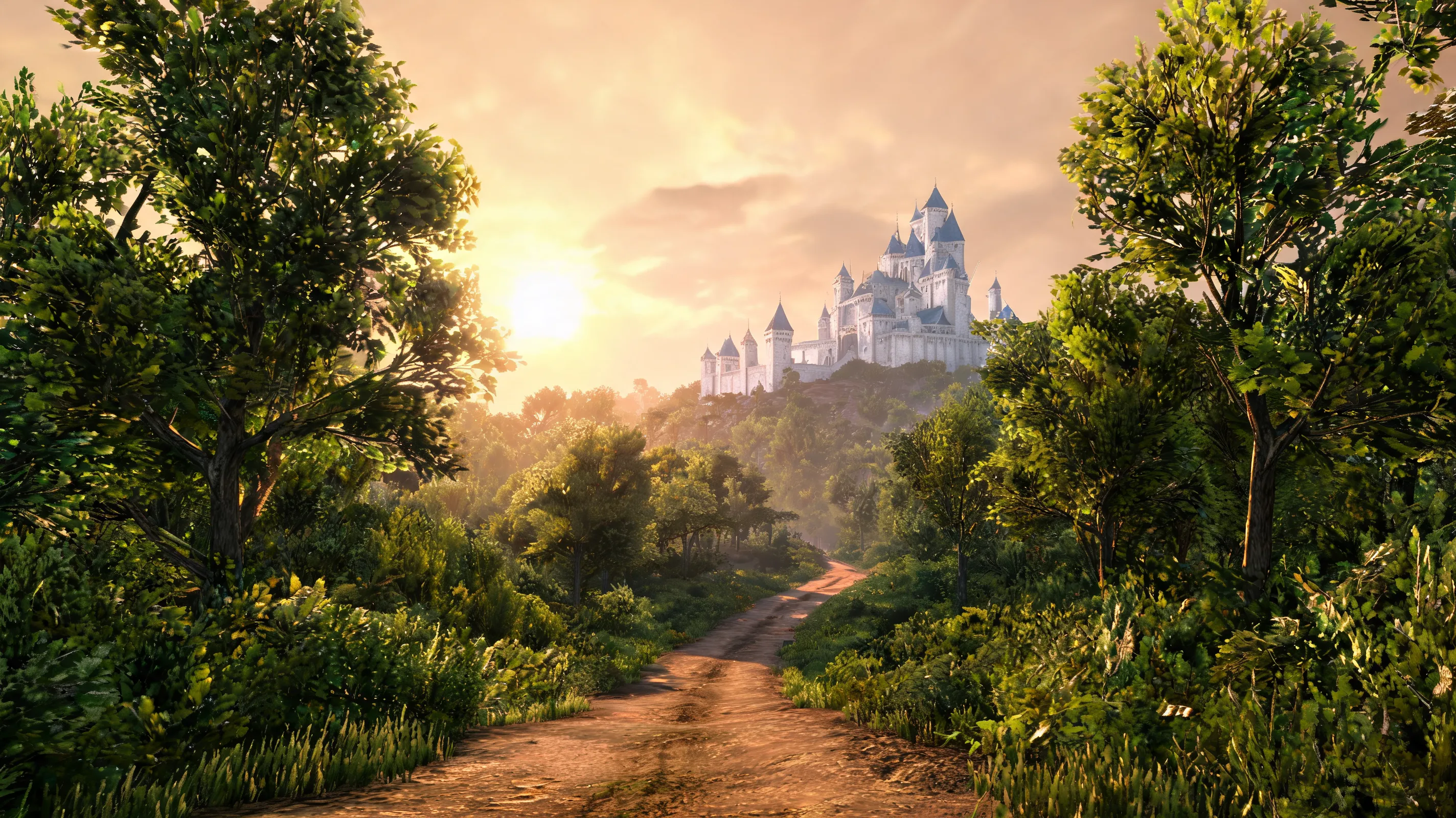 A vast, open-world fantasy landscape in the style of The Elder Scrolls IV: Oblivion, 2006 retro 3D game art. Dense, lush temperate forests with realistic SpeedTree foliage, a dirt path leading to a distant medieval castle with white stone walls and blue slate roofs. Golden hour lighting with dramatic bloom and HDR lighting effects, saturated greens and warm orange skies. A sense of deep exploration and handcrafted atmosphere. High resolution, game screenshot, cinematic composition.
