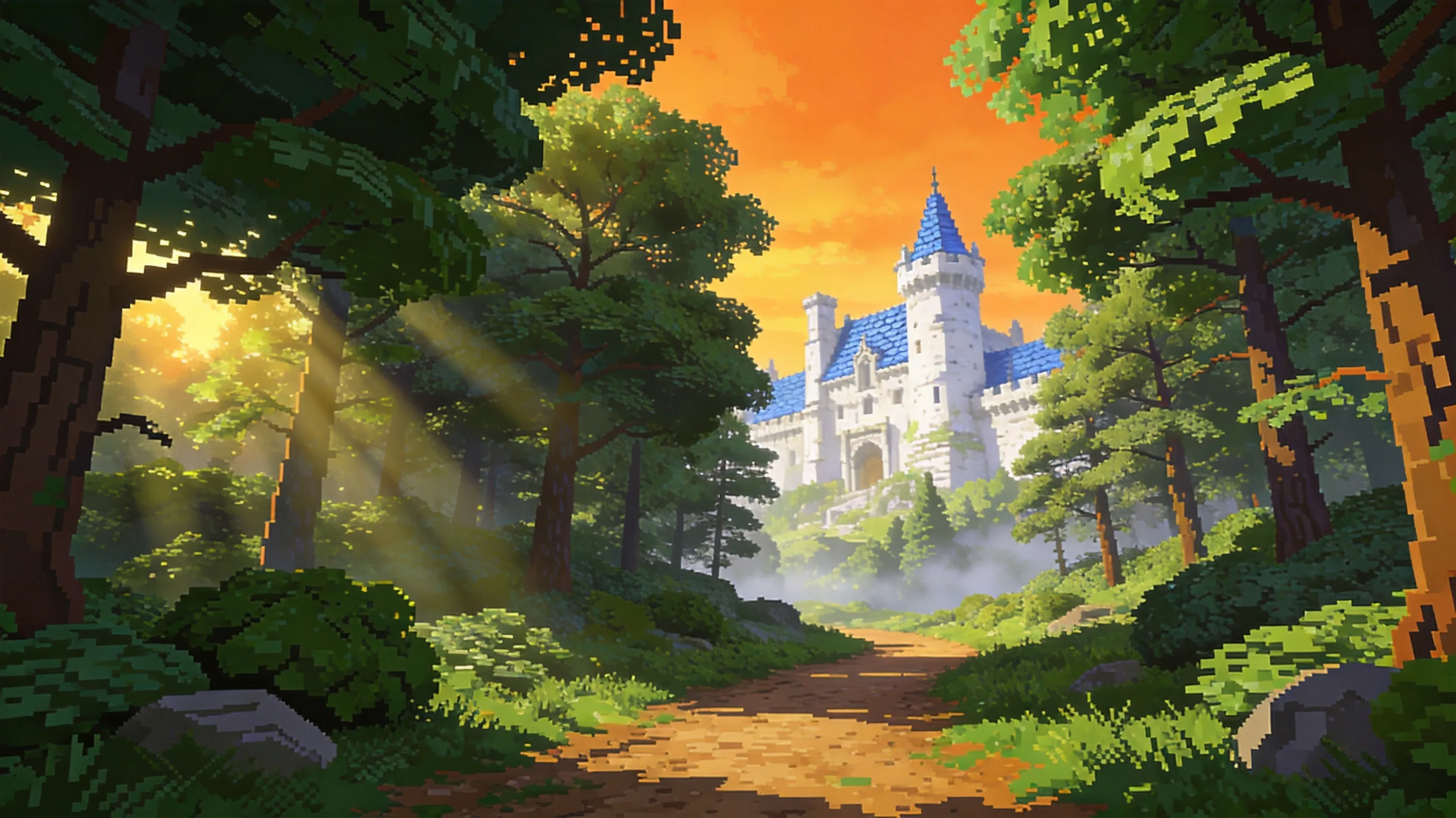 A vast, open-world fantasy landscape in the style of The Elder Scrolls IV: Oblivion, 2006 retro 3D game art. Dense, lush temperate forests with realistic SpeedTree foliage, a dirt path leading to a distant medieval castle with white stone walls and blue slate roofs. Golden hour lighting with dramatic bloom and HDR lighting effects, saturated greens and warm orange skies. A sense of deep exploration and handcrafted atmosphere. High resolution, game screenshot, cinematic composition.