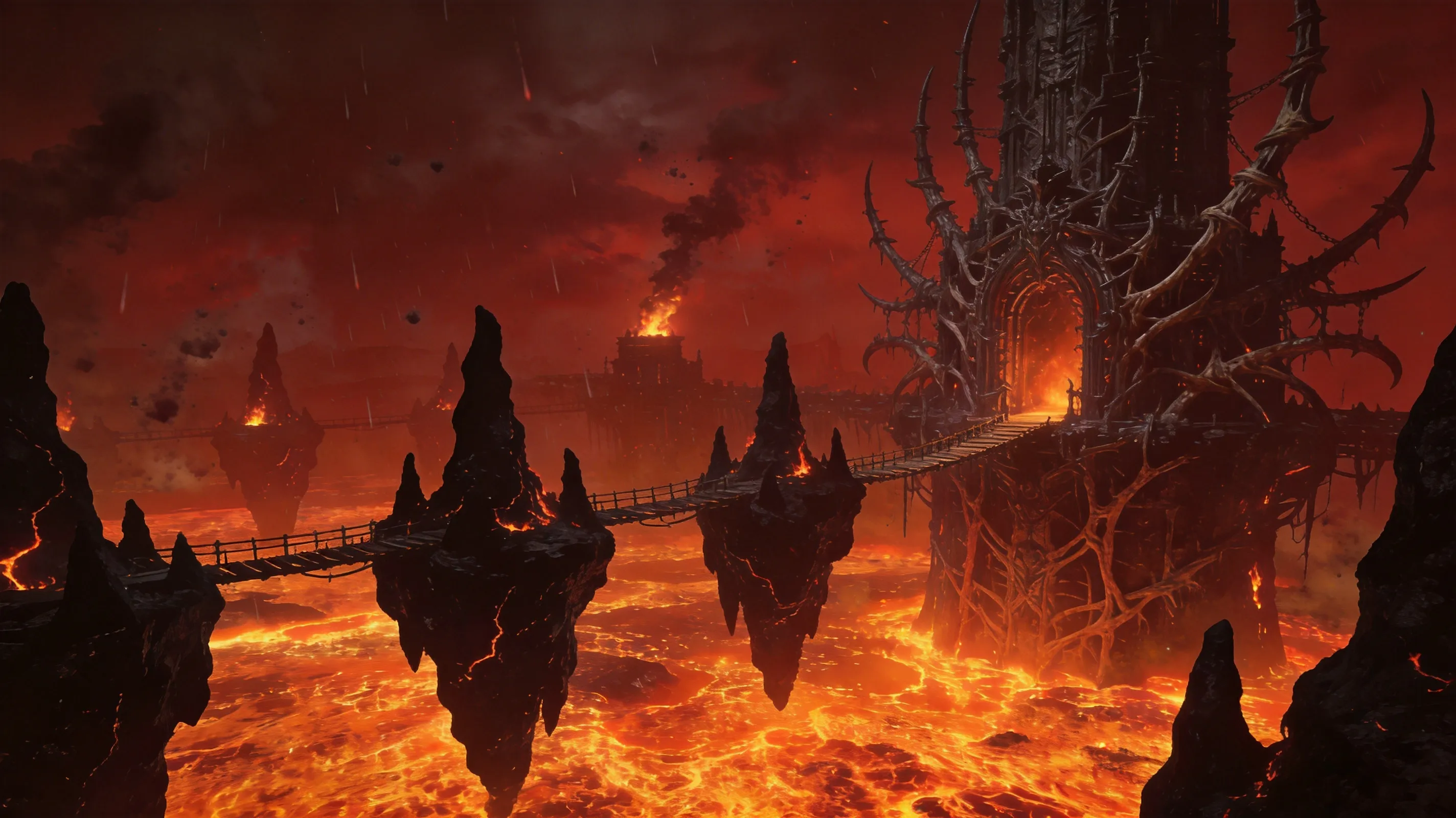 Inside an Oblivion Gate from TES4, chaotic Daedric realm. A bleak, alien landscape under a crimson red sky raining fire and ash. Jagged black volcanic rocks floating above seas of lava. A towering fortress made of organic, sinewy bone and metal, connected by narrow bridges. Gloomy lighting, high contrast between dark silhouettes and bright orange lava. Intense atmosphere, survival horror vibe. Unreal Engine 3 era rendering style. no blue sky, green plants.