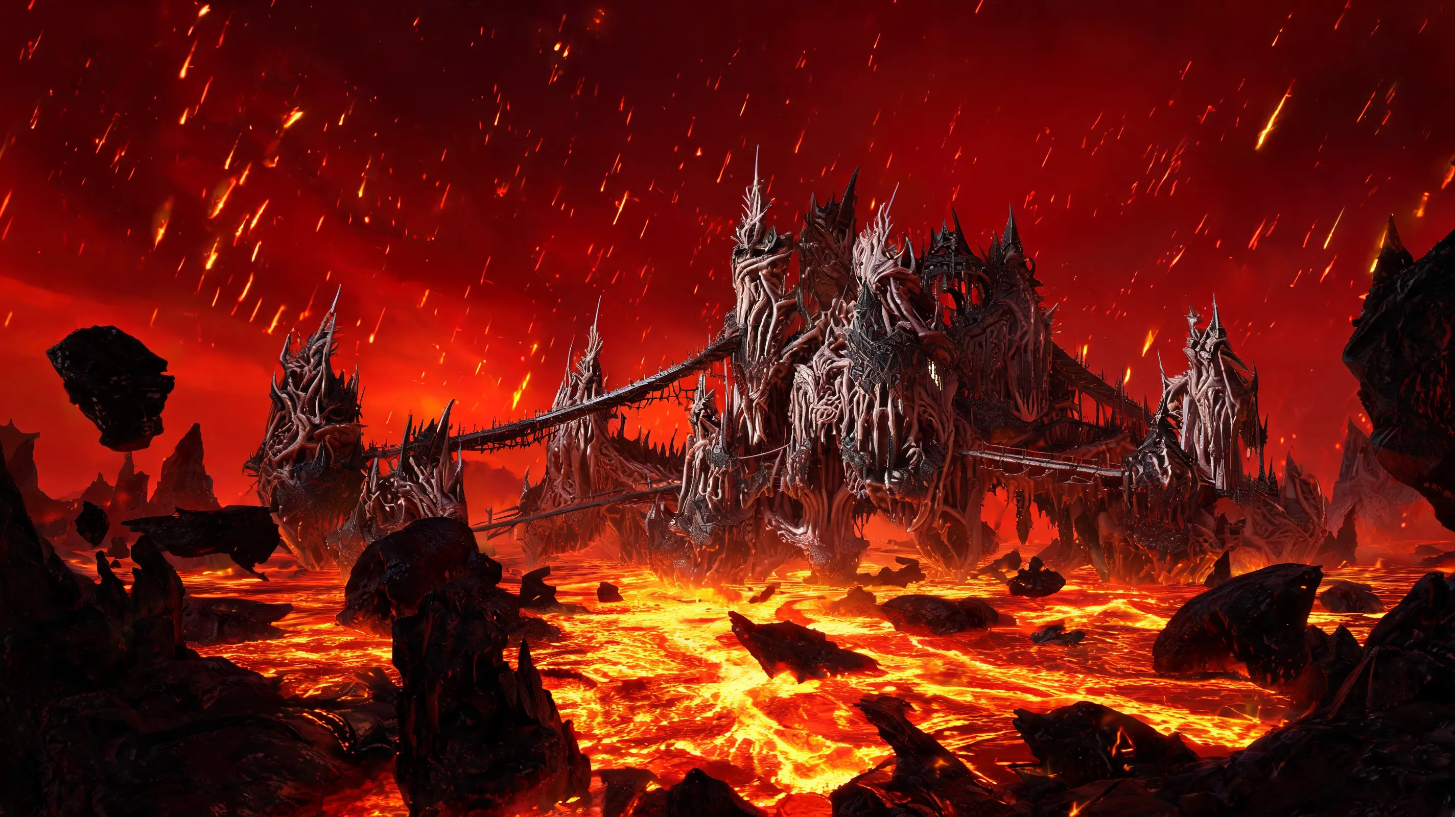 Inside an Oblivion Gate from TES4, chaotic Daedric realm. A bleak, alien landscape under a crimson red sky raining fire and ash. Jagged black volcanic rocks floating above seas of lava. A towering fortress made of organic, sinewy bone and metal, connected by narrow bridges. Gloomy lighting, high contrast between dark silhouettes and bright orange lava. Intense atmosphere, survival horror vibe. Unreal Engine 3 era rendering style. no blue sky, green plants.