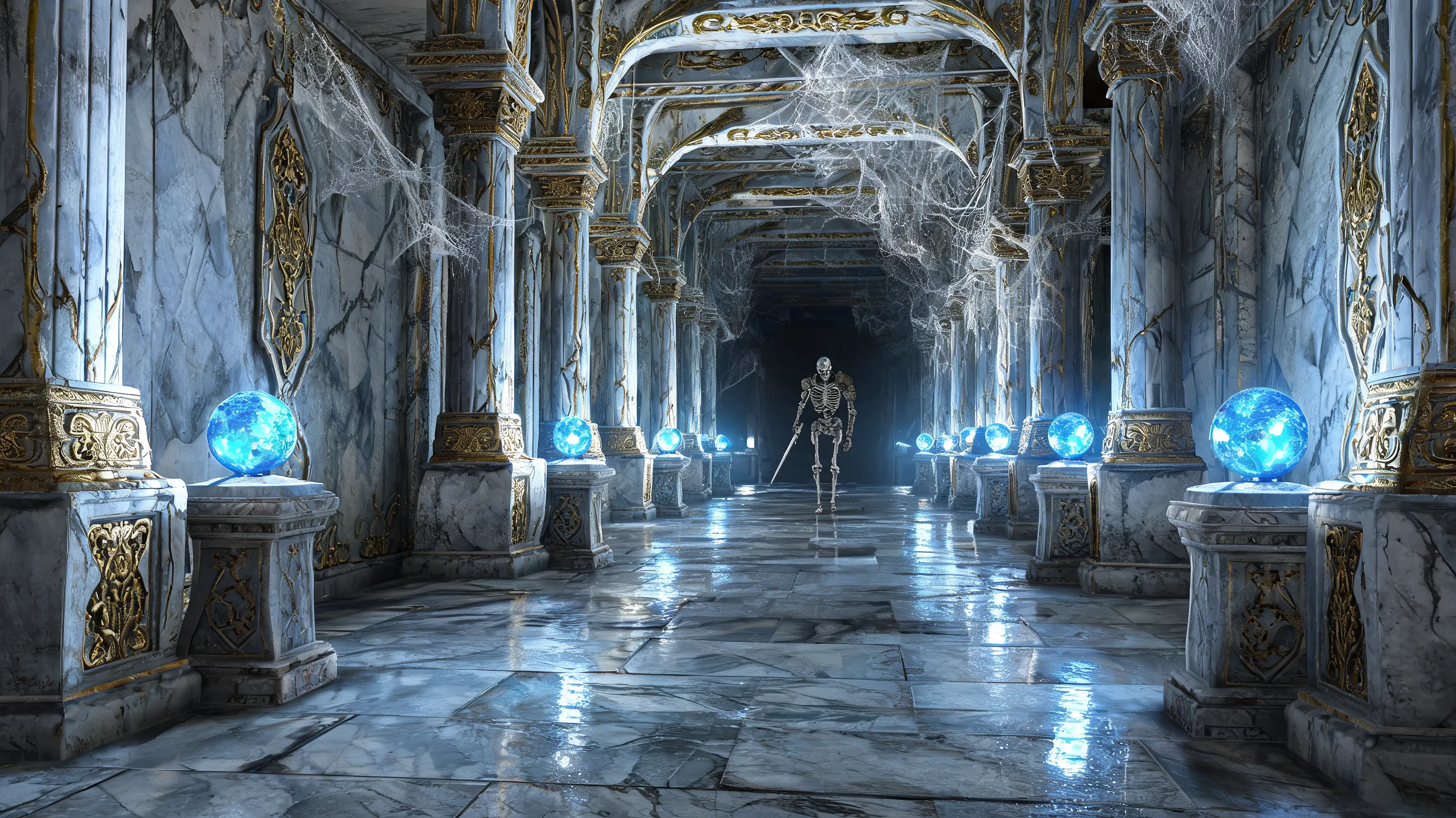 First-person view inside an ancient Ayleid ruin in Cyrodiil. Smooth polished white marble architecture with intricate golden trim and massive stone pillars. Ambient lighting from glowing blue Welkynd stones on pedestals casting magical reflections on the wet stone floor. Cobwebs and decay. A skeleton warrior emerging from the darkness at the end of a corridor. Vintage fantasy game aesthetic, soft shadows. first-person perspective.