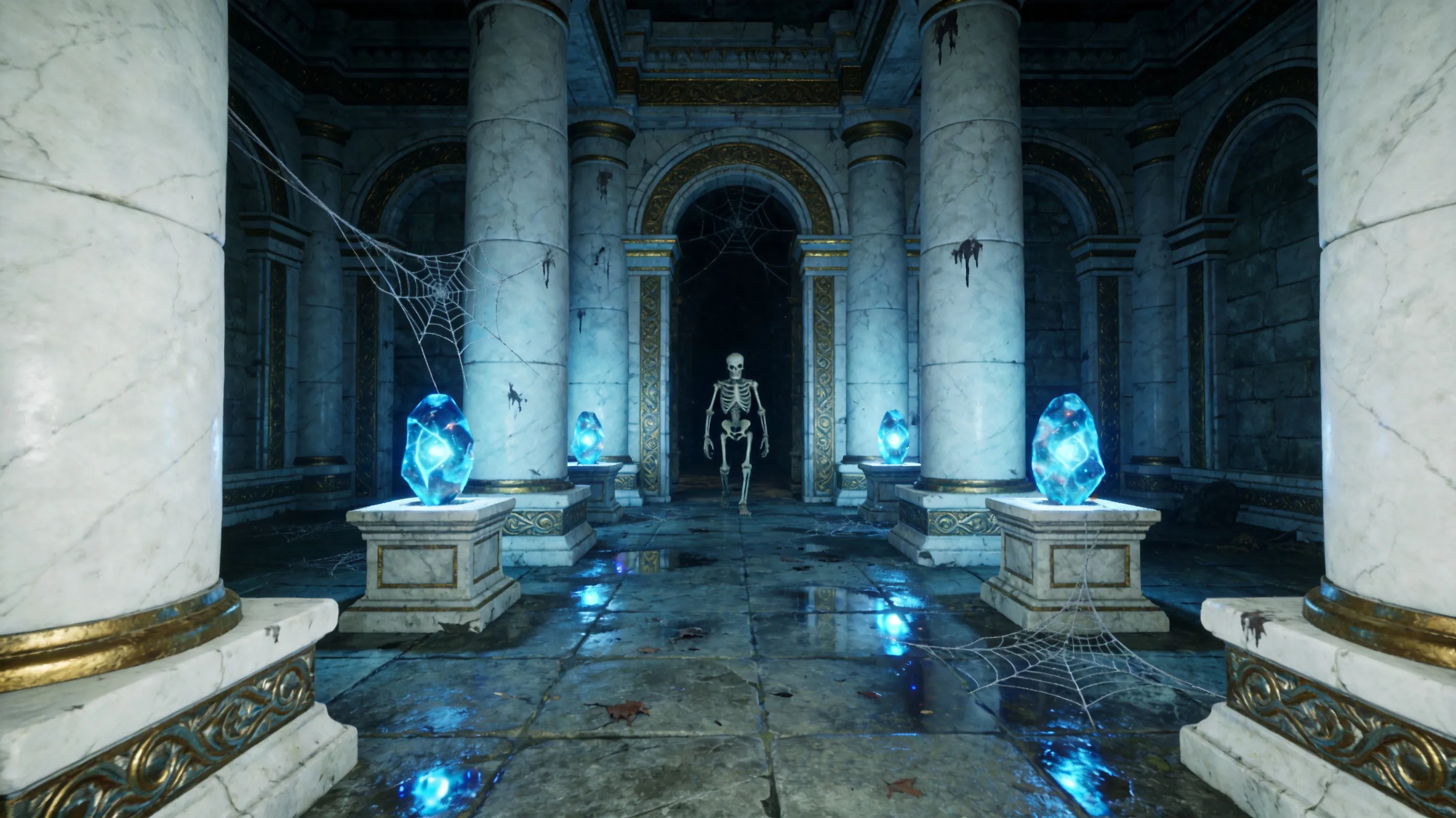 First-person view inside an ancient Ayleid ruin in Cyrodiil. Smooth polished white marble architecture with intricate golden trim and massive stone pillars. Ambient lighting from glowing blue Welkynd stones on pedestals casting magical reflections on the wet stone floor. Cobwebs and decay. A skeleton warrior emerging from the darkness at the end of a corridor. Vintage fantasy game aesthetic, soft shadows. first-person perspective.