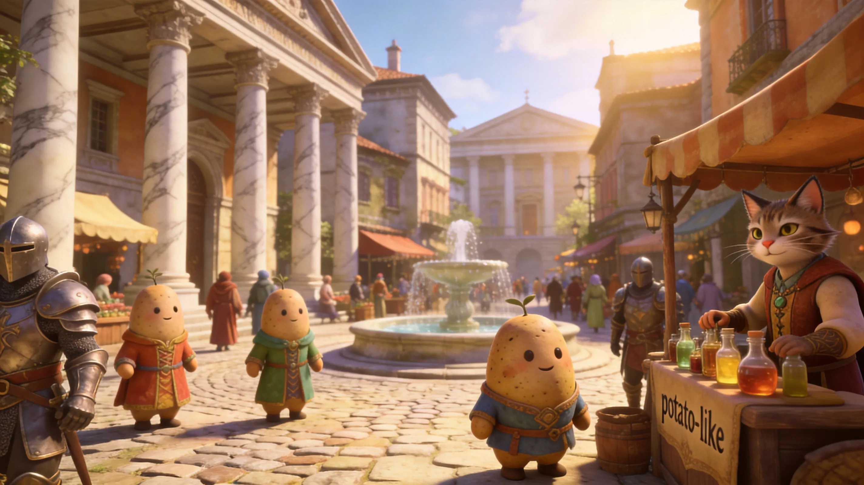A bustling street in the Imperial City marketplace, inspired by Oblivion. NPCs with smooth, rounded "potato-like" faces and colorful fantasy clothing, some wearing Legion armor. Cobblestone plazas with a central fountain and classical Romanesque architecture with marble columns. A friendly Khajiit merchant at a stall selling potions. Warm afternoon sunlight. Whimsical, slightly dated 3D rendering style that feels nostalgic and charming.