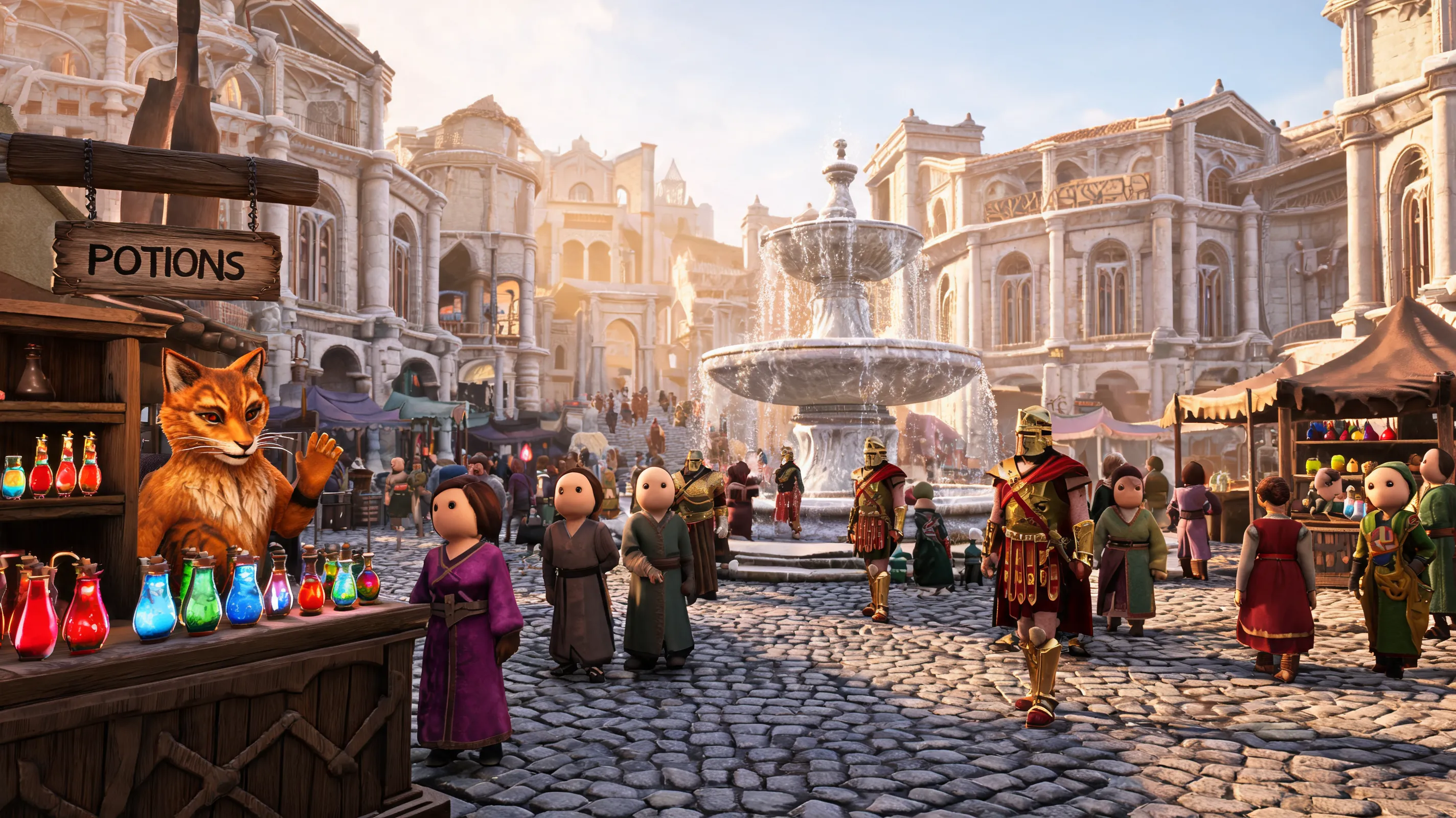 A bustling street in the Imperial City marketplace, inspired by Oblivion. NPCs with smooth, rounded "potato-like" faces and colorful fantasy clothing, some wearing Legion armor. Cobblestone plazas with a central fountain and classical Romanesque architecture with marble columns. A friendly Khajiit merchant at a stall selling potions. Warm afternoon sunlight. Whimsical, slightly dated 3D rendering style that feels nostalgic and charming.