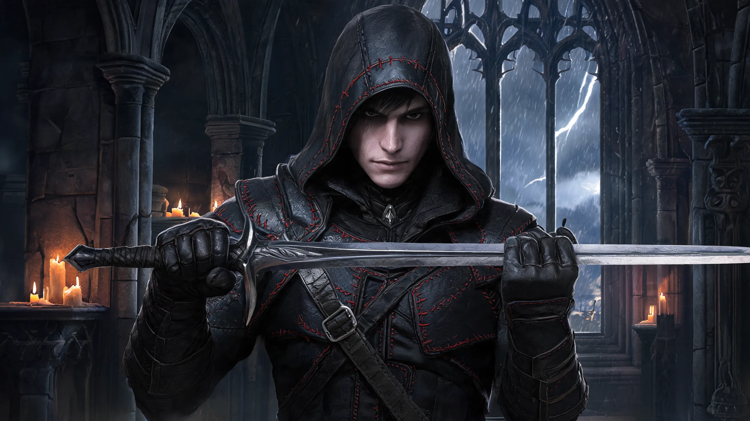 Character close-up of a Dark Brotherhood assassin from The Elder Scrolls IV. Wearing a black leather Shrouded Armor with red stitching. Character has realistic but slightly stylized early 2000s game art features, sharp cheekbones. Holding a steel longsword. Background is a dark gothic chapel in Bruma during a stormy night. Moody lighting, subsurface scattering on skin. Painted in a digital oil style, reminiscent of the game's original concept art.