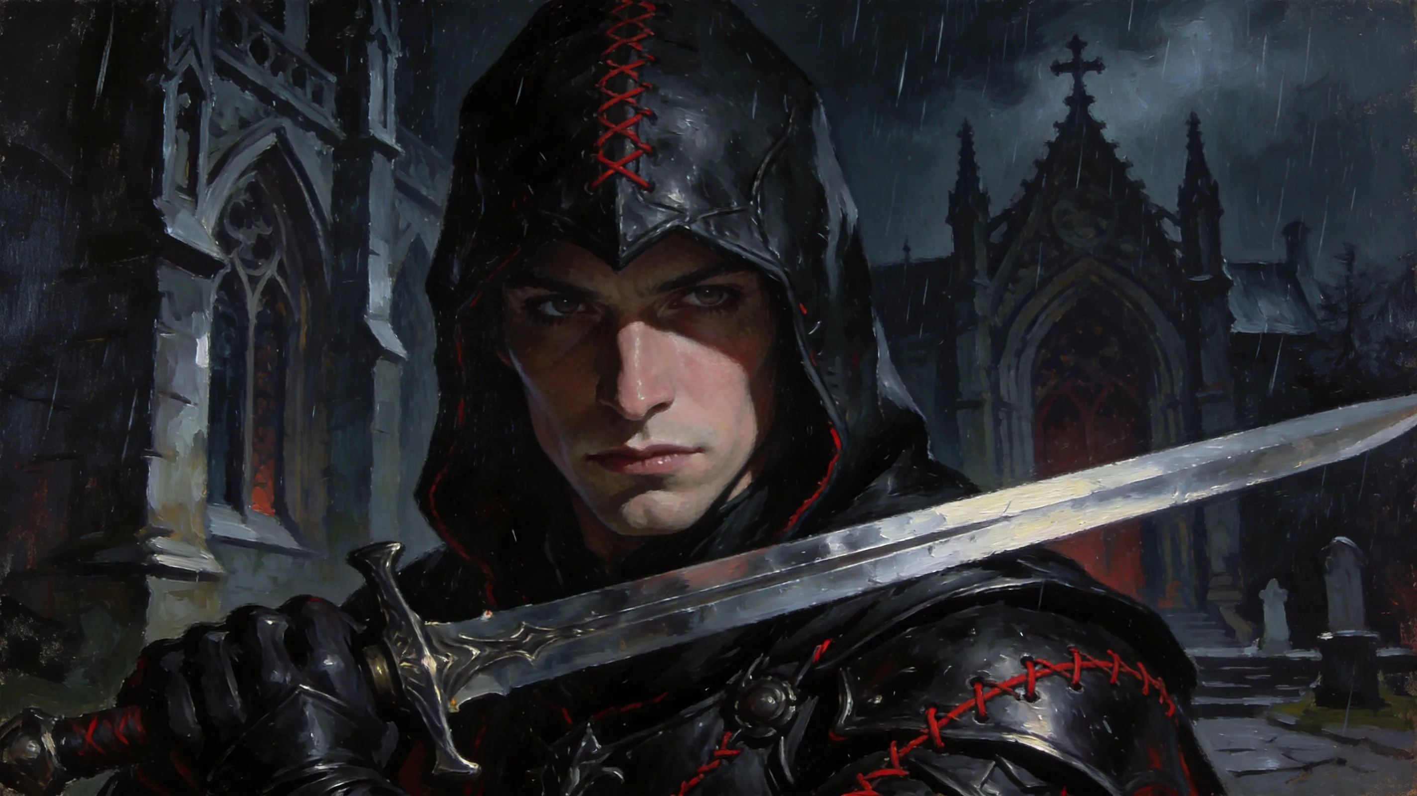 Character close-up of a Dark Brotherhood assassin from The Elder Scrolls IV. Wearing a black leather Shrouded Armor with red stitching. Character has realistic but slightly stylized early 2000s game art features, sharp cheekbones. Holding a steel longsword. Background is a dark gothic chapel in Bruma during a stormy night. Moody lighting, subsurface scattering on skin. Painted in a digital oil style, reminiscent of the game's original concept art.