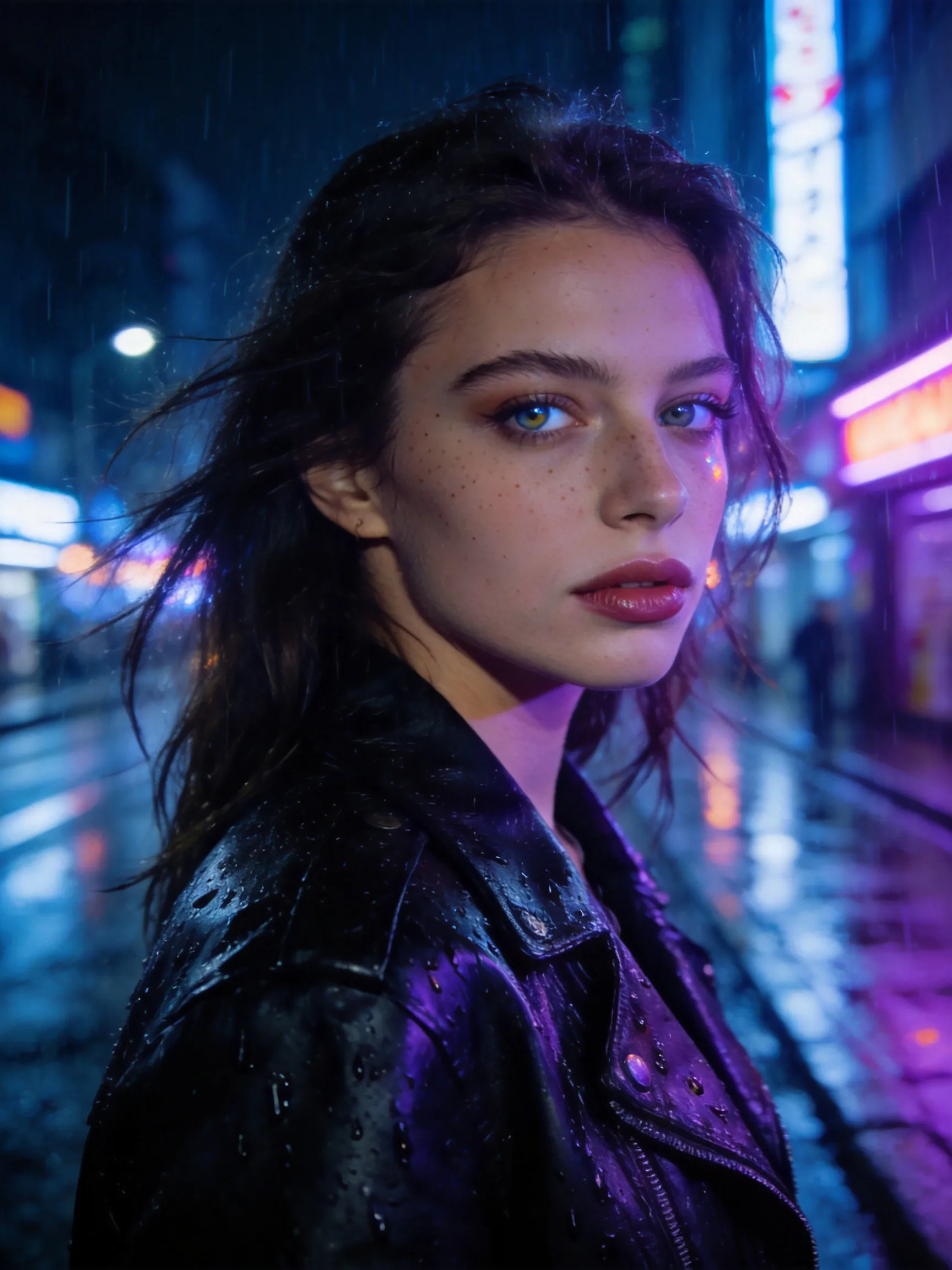 Ultra-realistic portrait of a 23-year-old European woman standing beside a rainy street in Tokyo at night, wet black leather jacket, subtle makeup, cinematic neon reflections on her face, shallow depth of field, realistic skin pores, natural freckles, detailed eyes with catchlights, wind-blown hair, photographed with Sony A7R V, 85mm lens, f1.4, masterpiece fashion editorial photography, highly detailed, RAW photo quality