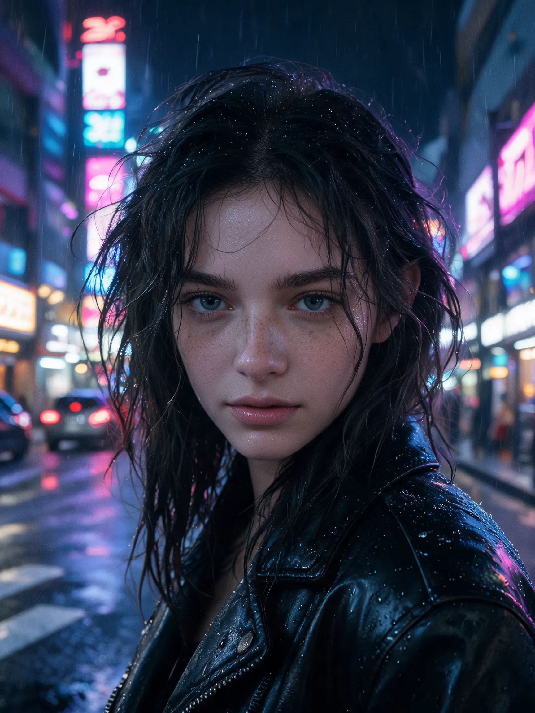 Ultra-realistic portrait of a 23-year-old European woman standing beside a rainy street in Tokyo at night, wet black leather jacket, subtle makeup, cinematic neon reflections on her face, shallow depth of field, realistic skin pores, natural freckles, detailed eyes with catchlights, wind-blown hair, photographed with Sony A7R V, 85mm lens, f1.4, masterpiece fashion editorial photography, highly detailed, RAW photo quality