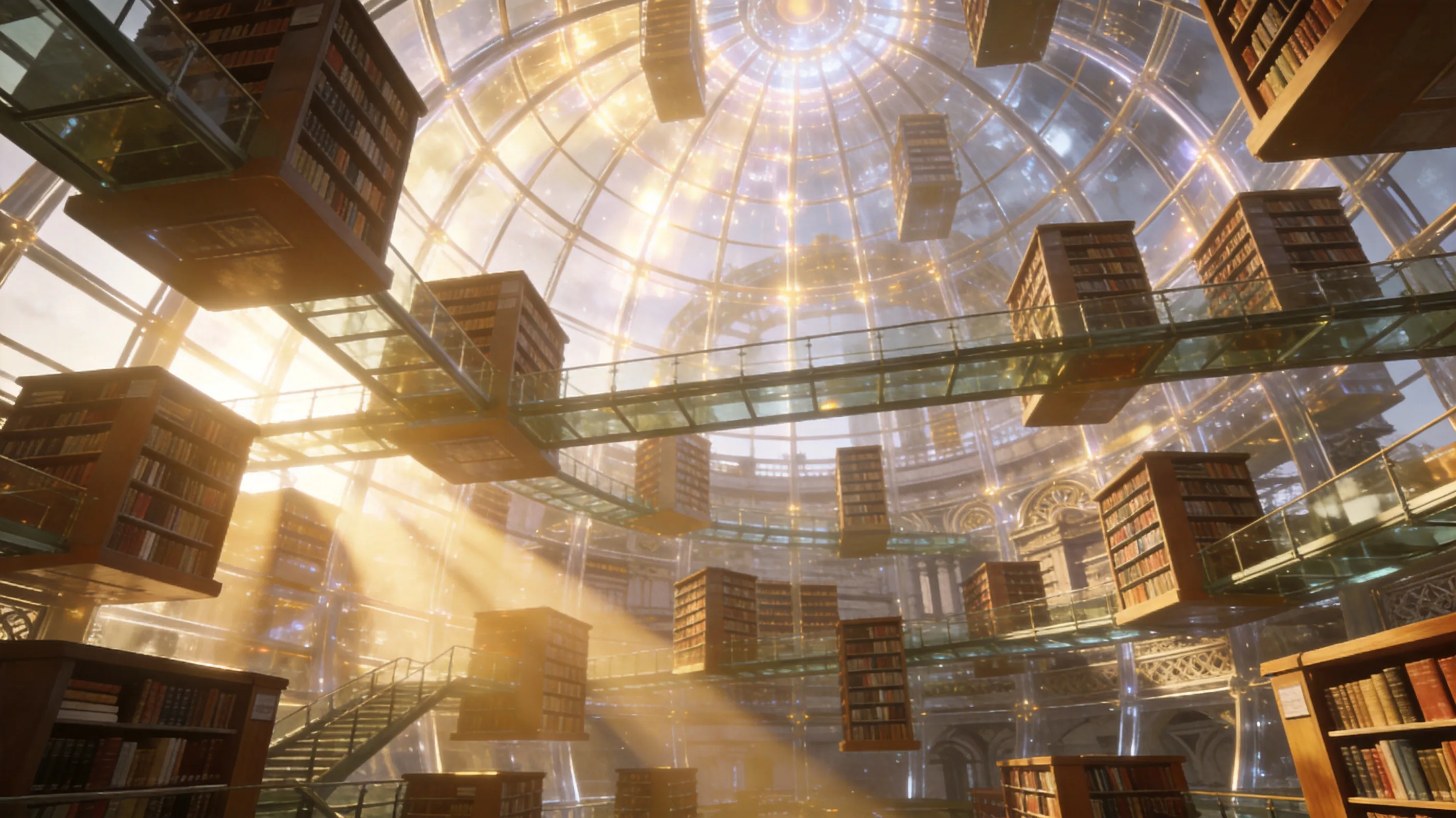 Massive futuristic library built inside a giant transparent dome, thousands of floating bookshelves connected by glass bridges, intricate architectural details, realistic perspective, sunlight beams passing through the structure, cinematic wide-angle shot