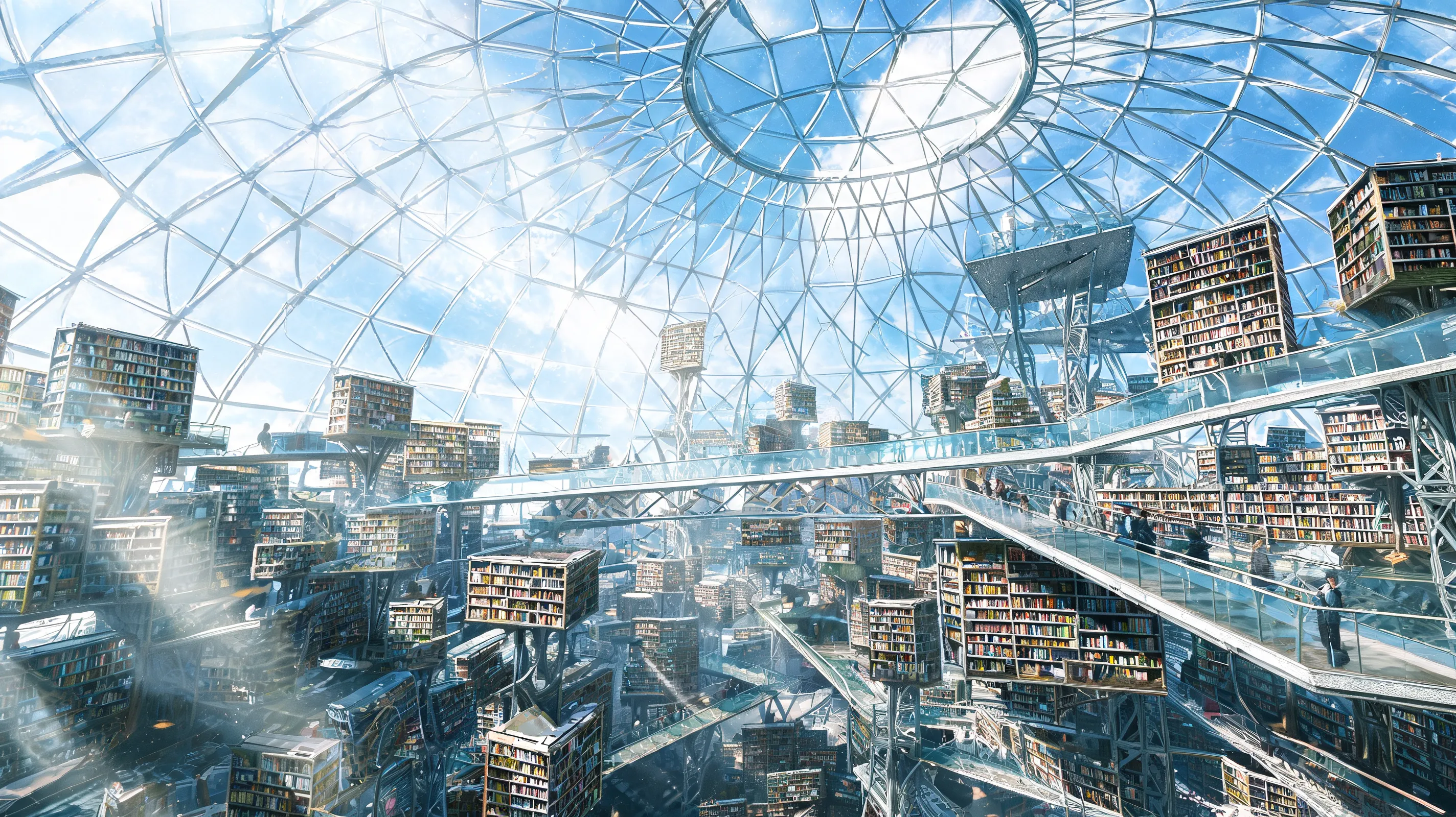 Massive futuristic library built inside a giant transparent dome, thousands of floating bookshelves connected by glass bridges, intricate architectural details, realistic perspective, sunlight beams passing through the structure, cinematic wide-angle shot