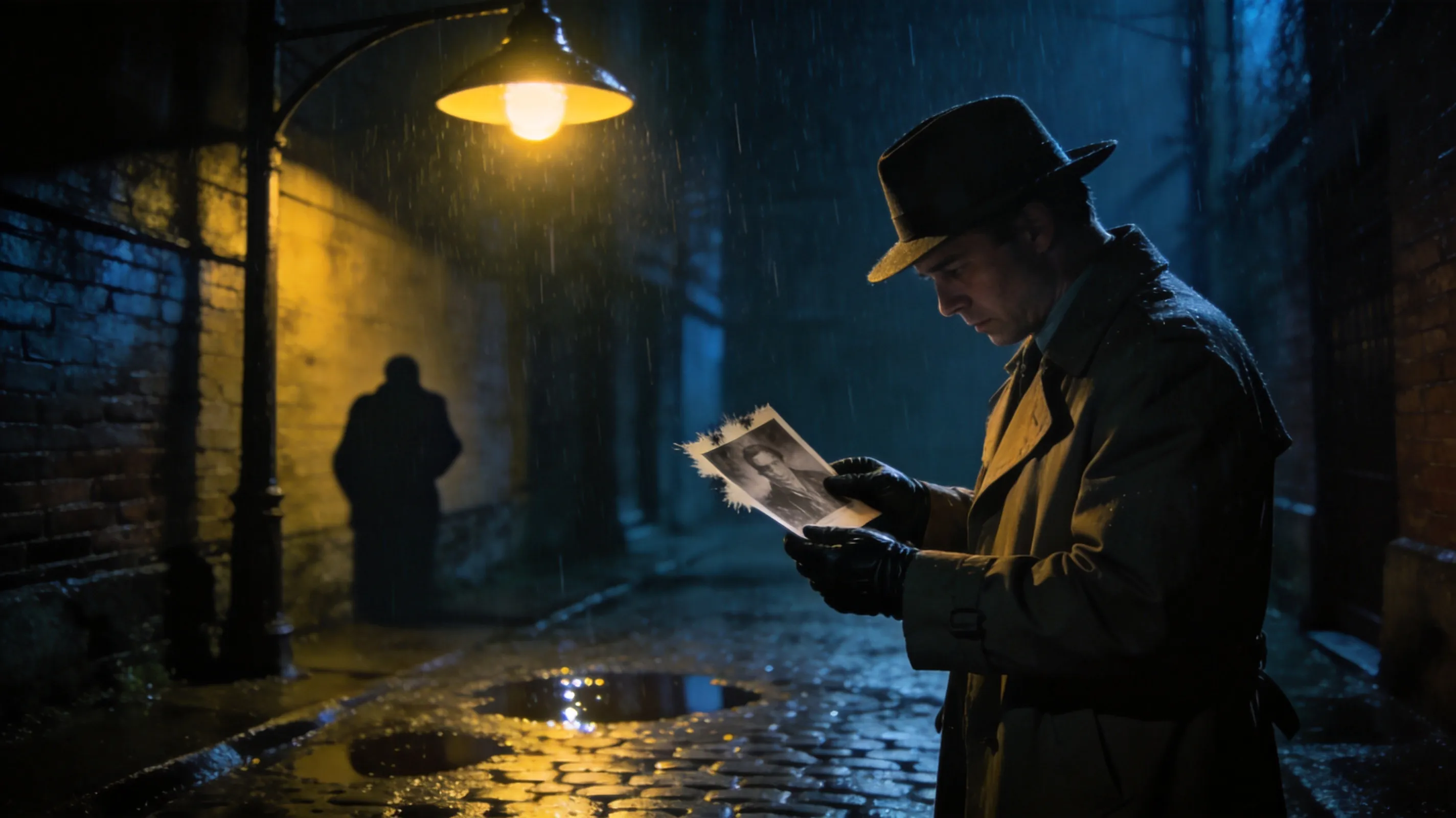 A detective standing under a flickering streetlamp in a rainy alley, examining a mysterious photograph, distant silhouette watching from the shadows, film noir atmosphere, cinematic storytelling, highly detailed scene composition