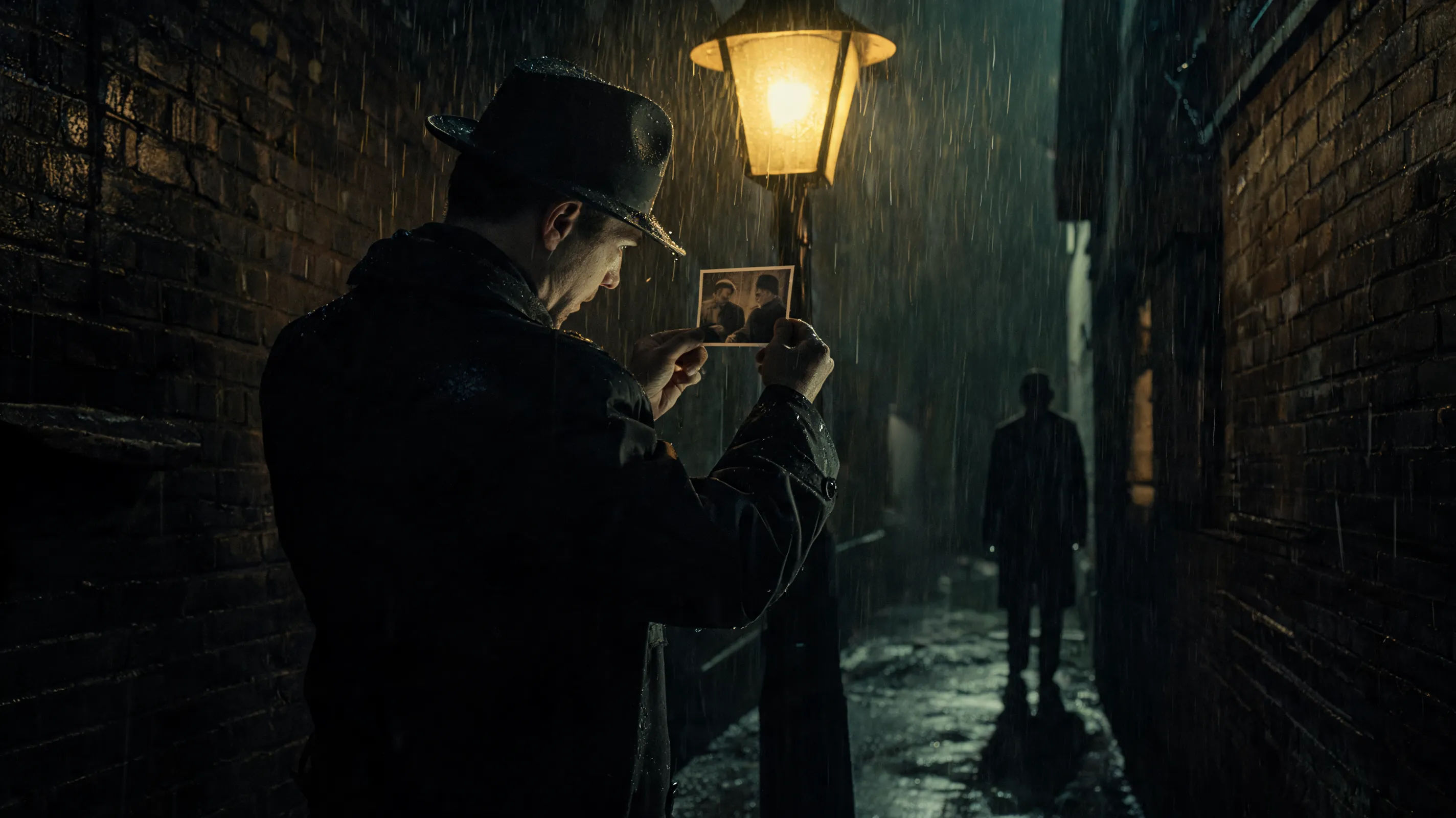 A detective standing under a flickering streetlamp in a rainy alley, examining a mysterious photograph, distant silhouette watching from the shadows, film noir atmosphere, cinematic storytelling, highly detailed scene composition