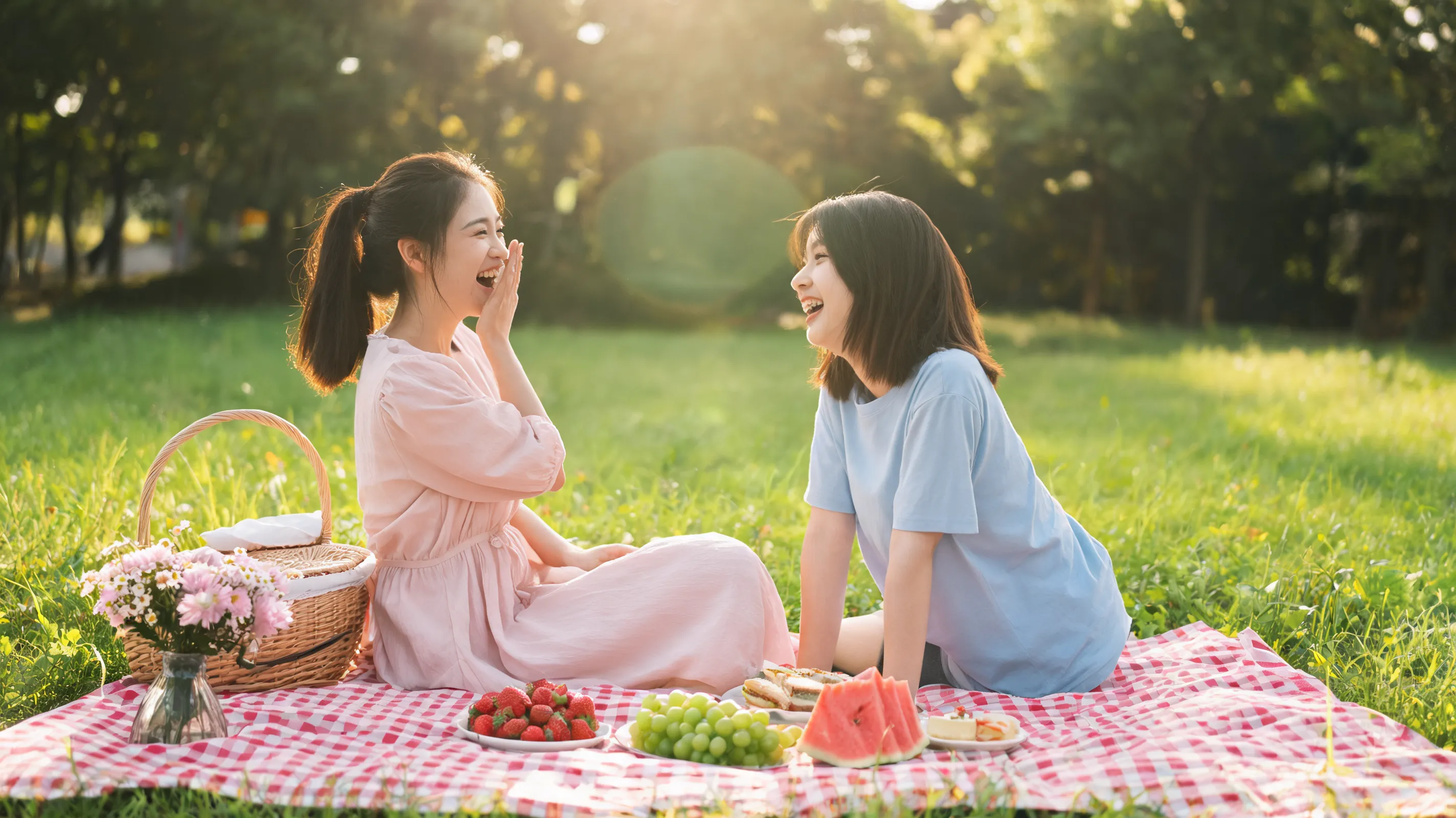 两位年轻女生坐在草坪上野餐,相互聊天大笑,周围摆放鲜花、水果和野餐篮,阳光柔和,自然互动抓拍