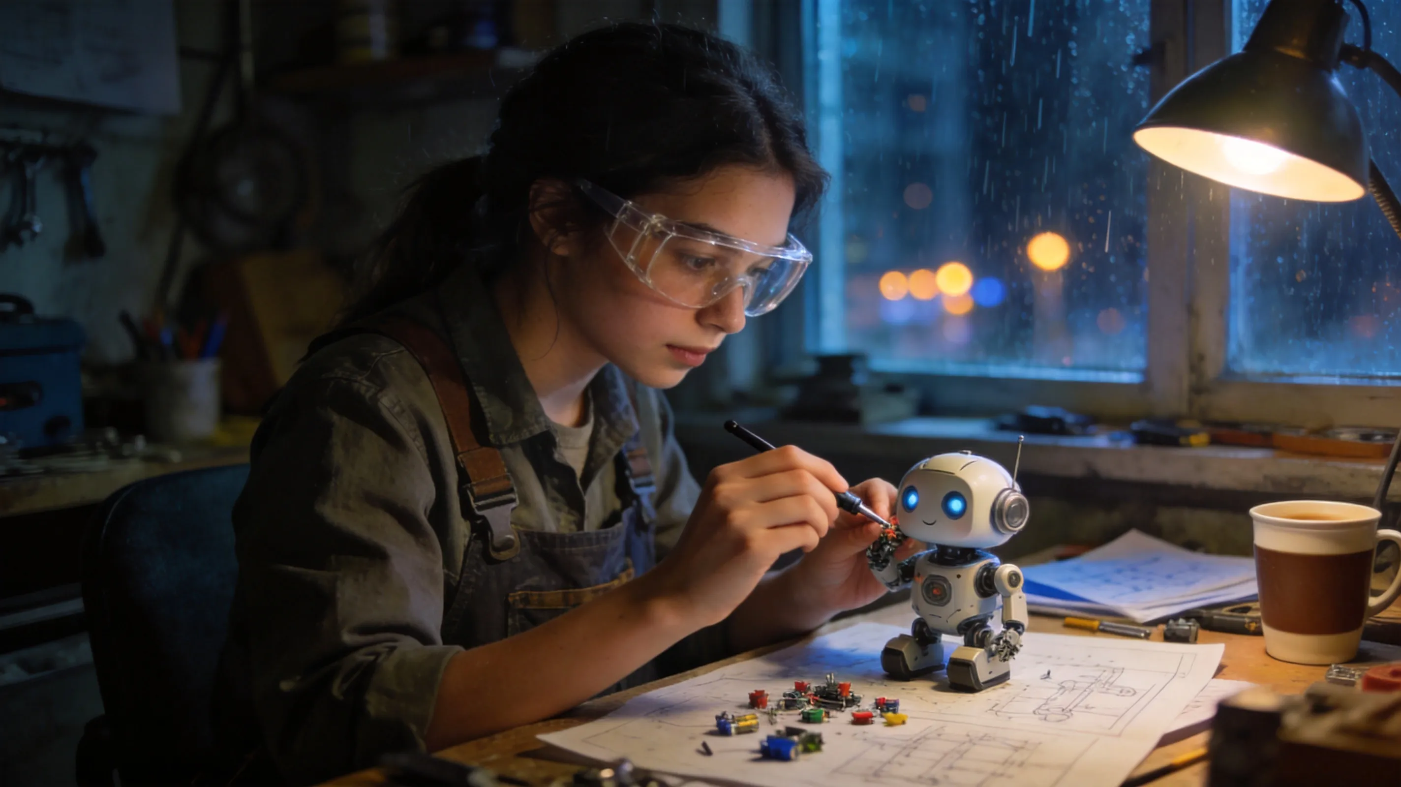 A young female mechanic sits in a cluttered but cozy workshop, repairing a cute miniature robot with a small screwdriver. She is wearing clear safety goggles, with natural-looking hand poses. The desk is covered with tiny components, blueprints, a coffee cup, and a desk lamp. Outside the window is a rainy night cityscape with glowing lights. Realistic cinematic style, rich details, warm desk-lamp lighting contrasted with cool window light, natural skin texture, high-definition photography.