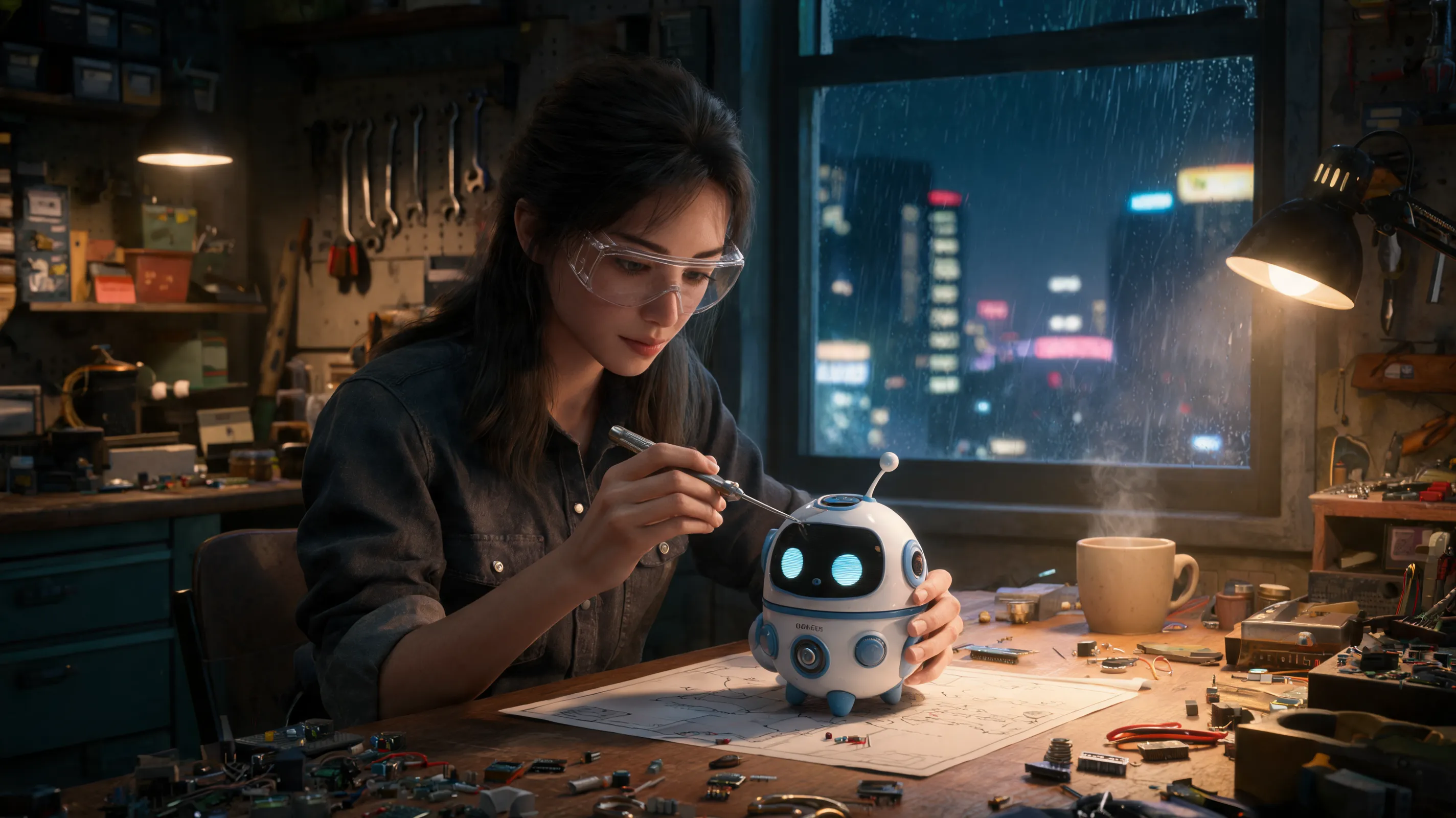 A young female mechanic sits in a cluttered but cozy workshop, repairing a cute miniature robot with a small screwdriver. She is wearing clear safety goggles, with natural-looking hand poses. The desk is covered with tiny components, blueprints, a coffee cup, and a desk lamp. Outside the window is a rainy night cityscape with glowing lights. Realistic cinematic style, rich details, warm desk-lamp lighting contrasted with cool window light, natural skin texture, high-definition photography.