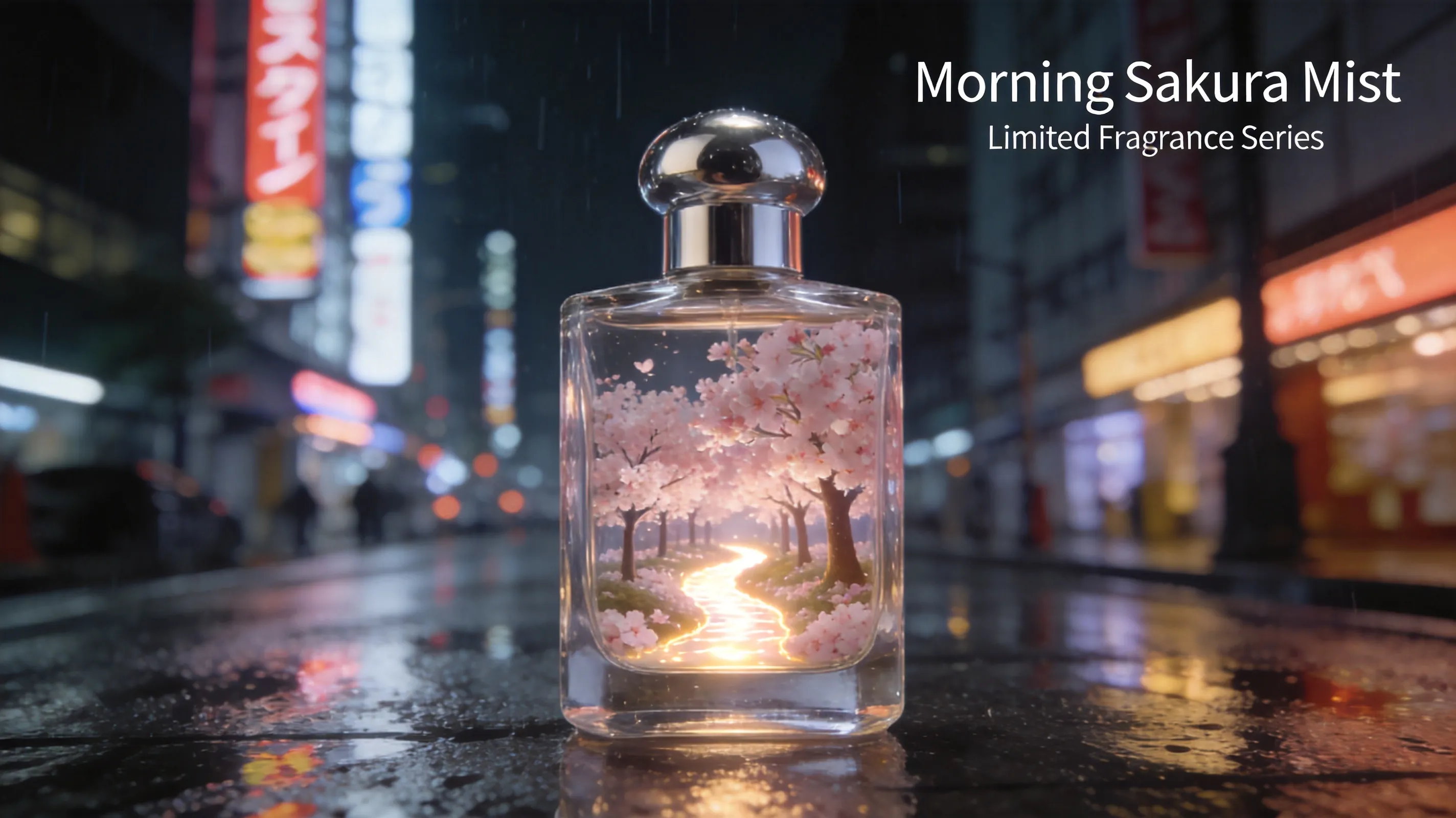 A high-end product launch advertising poster. The main subject is a transparent glass perfume bottle, with a miniature cherry blossom forest and a glowing stream inside the bottle. The cap is made of polished silver metal. The background is a nighttime Tokyo street, with neon lights reflected on the rain-soaked pavement. In the upper-right corner, include the clear English title “Morning Sakura Mist”, with smaller text underneath: “Limited Fragrance Series”. Ultra-realistic photography, cinematic lighting, refined reflections, shallow depth of field, premium commercial advertising quality, clean and elegant composition.