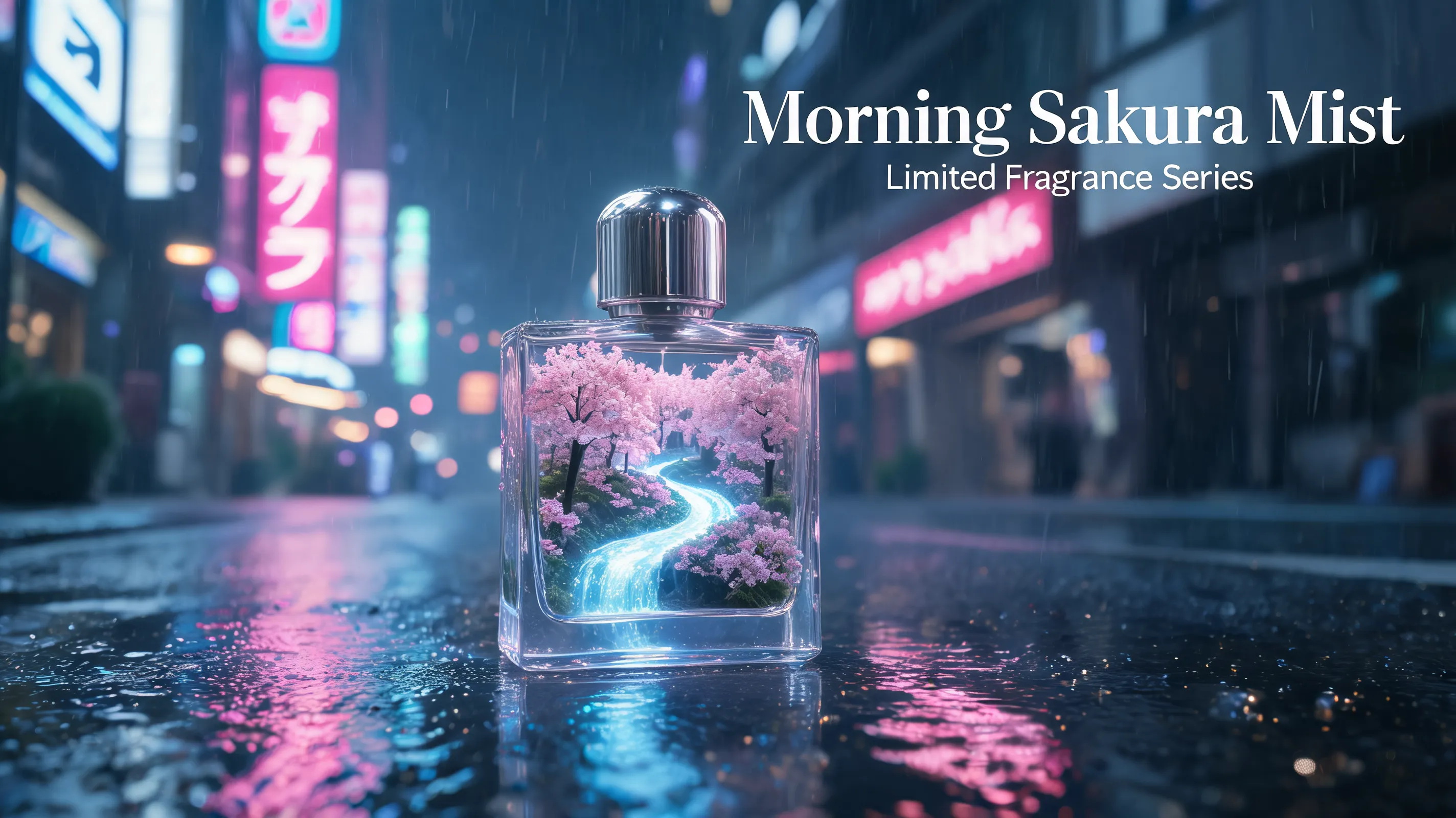 A high-end product launch advertising poster. The main subject is a transparent glass perfume bottle, with a miniature cherry blossom forest and a glowing stream inside the bottle. The cap is made of polished silver metal. The background is a nighttime Tokyo street, with neon lights reflected on the rain-soaked pavement. In the upper-right corner, include the clear English title “Morning Sakura Mist”, with smaller text underneath: “Limited Fragrance Series”. Ultra-realistic photography, cinematic lighting, refined reflections, shallow depth of field, premium commercial advertising quality, clean and elegant composition.