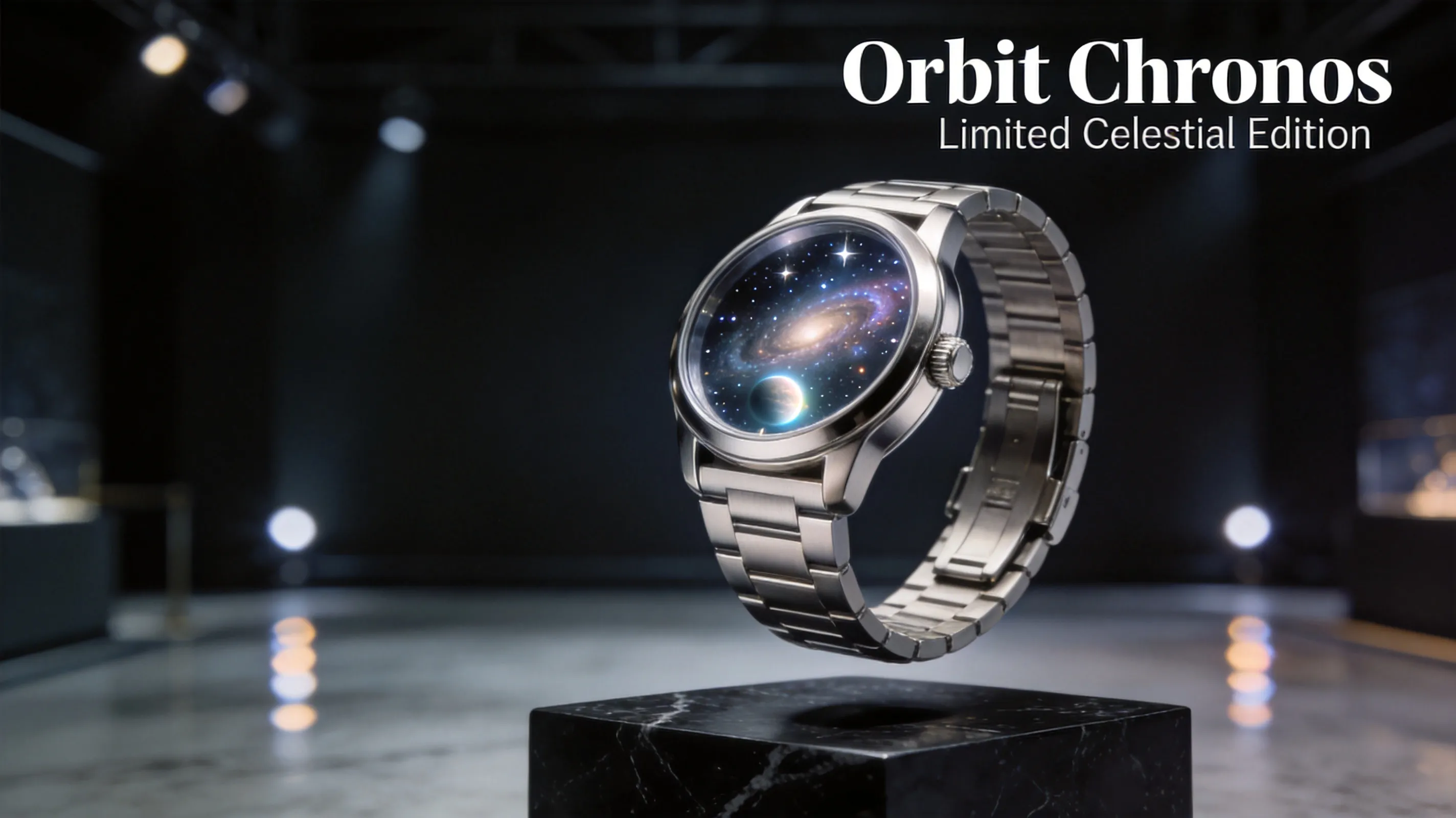 A futuristic luxury watch advertising poster. The main subject is a sleek titanium wristwatch floating above a black marble pedestal. Inside the watch face, there is a tiny rotating galaxy with stars, nebulae, and a glowing planet. The background is a dark premium exhibition hall with subtle spotlights and soft reflections on the floor. In the upper-right corner, include the clear English title “Orbit Chronos”, with smaller text underneath: “Limited Celestial Edition”. Ultra-realistic product photography, cinematic lighting, sharp metallic details, glossy reflections, shallow depth of field, premium commercial advertising quality, clean and elegant composition.