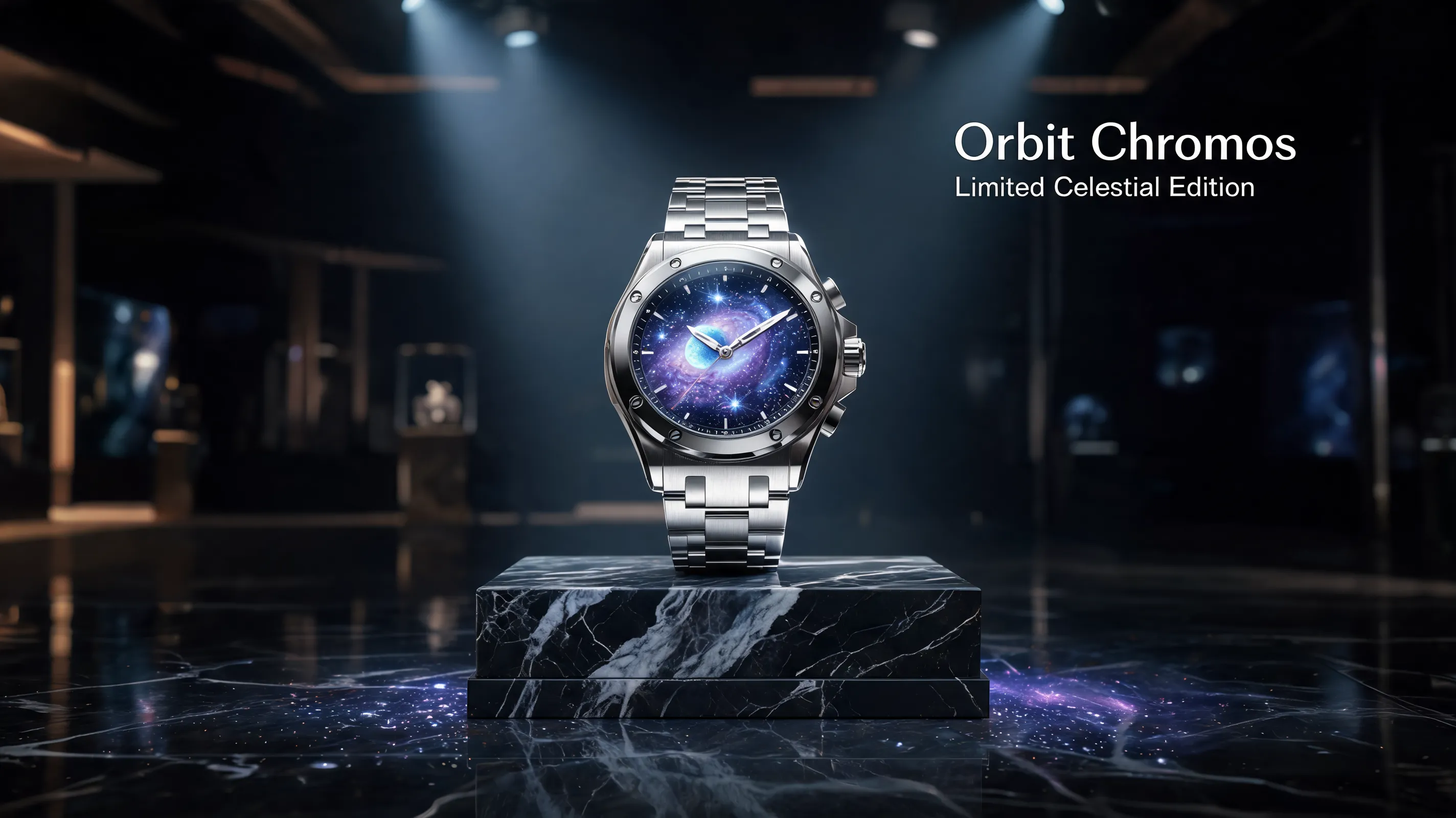 A futuristic luxury watch advertising poster. The main subject is a sleek titanium wristwatch floating above a black marble pedestal. Inside the watch face, there is a tiny rotating galaxy with stars, nebulae, and a glowing planet. The background is a dark premium exhibition hall with subtle spotlights and soft reflections on the floor. In the upper-right corner, include the clear English title “Orbit Chronos”, with smaller text underneath: “Limited Celestial Edition”. Ultra-realistic product photography, cinematic lighting, sharp metallic details, glossy reflections, shallow depth of field, premium commercial advertising quality, clean and elegant composition.