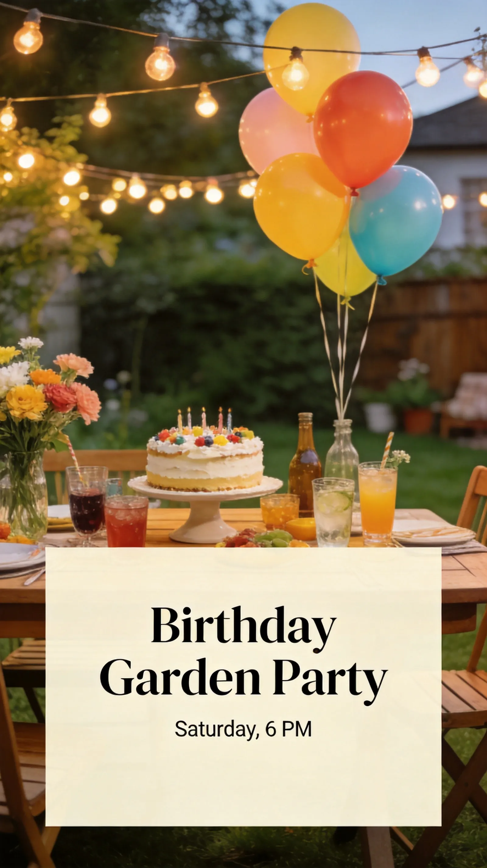 A modern birthday party invitation poster. The background shows a cozy backyard garden party with warm string lights, a table with cake, balloons, drinks, and flowers. The overall style is realistic, bright, and full of everyday life. Leave clean space in the center for layout, with the clear English title “Birthday Garden Party” and smaller text underneath: “Saturday, 6 PM”. Premium lifestyle photography, soft lighting, clean composition.