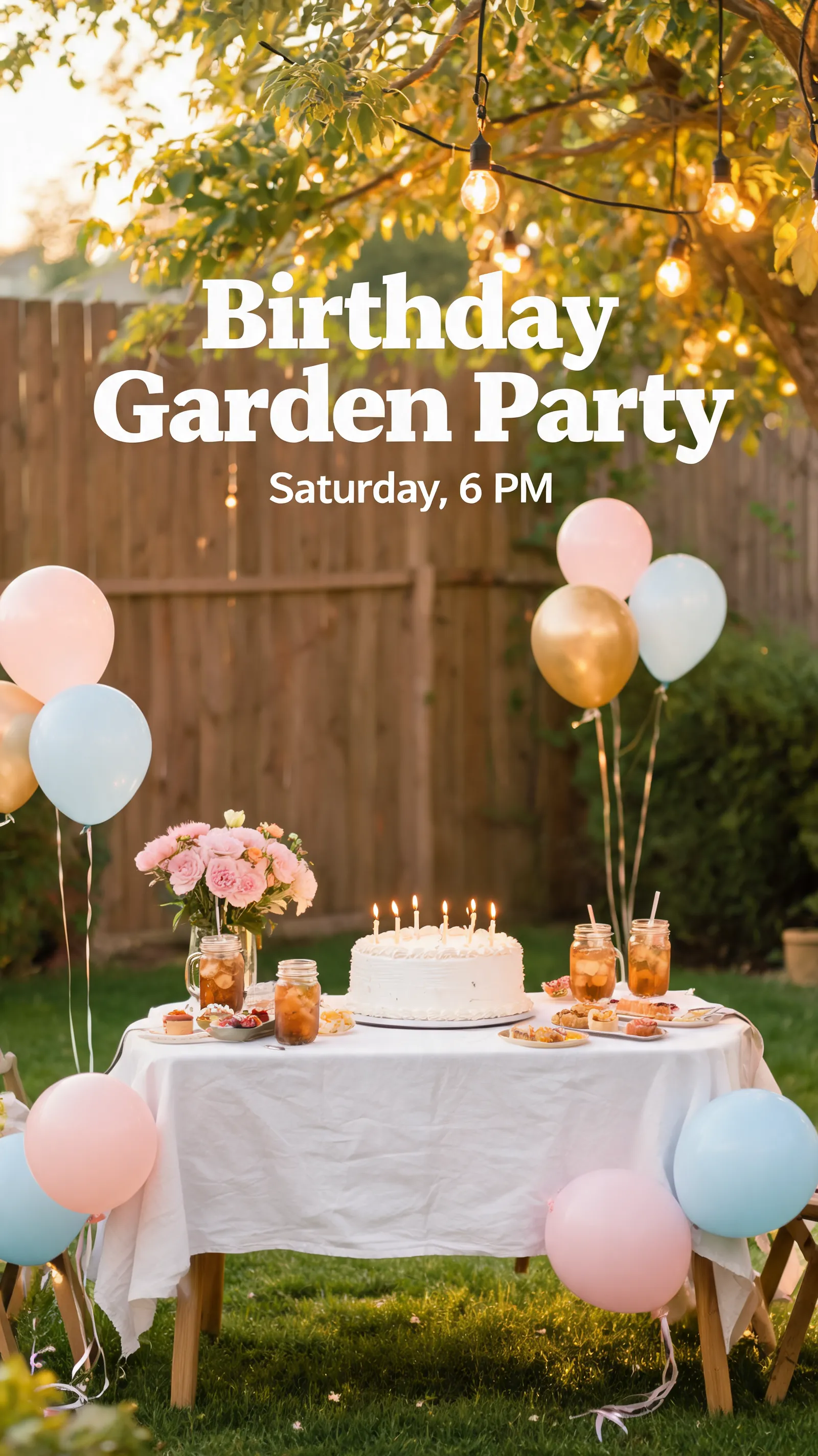 A modern birthday party invitation poster. The background shows a cozy backyard garden party with warm string lights, a table with cake, balloons, drinks, and flowers. The overall style is realistic, bright, and full of everyday life. Leave clean space in the center for layout, with the clear English title “Birthday Garden Party” and smaller text underneath: “Saturday, 6 PM”. Premium lifestyle photography, soft lighting, clean composition.