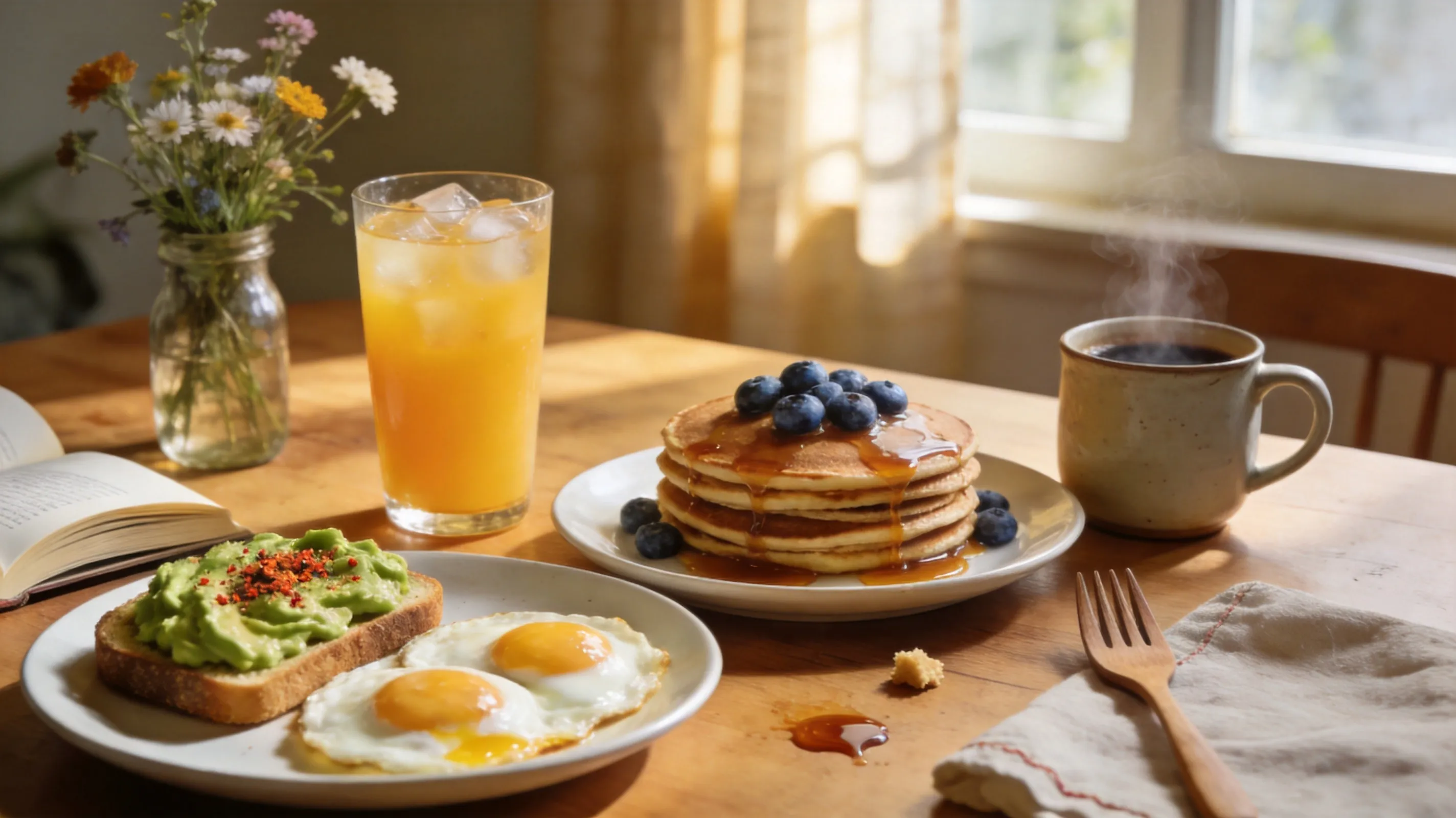A realistic food photography image showing a weekend family brunch table. On the table are avocado toast, fried eggs, blueberry pancakes, fresh orange juice, coffee, and a small bouquet of flowers. The scene is set in a bright home dining room with sunlight coming through the window. The table setting feels natural, with casual dishes and small lived-in details. Warm, realistic, and suitable for an overseas family recipe blog cover.