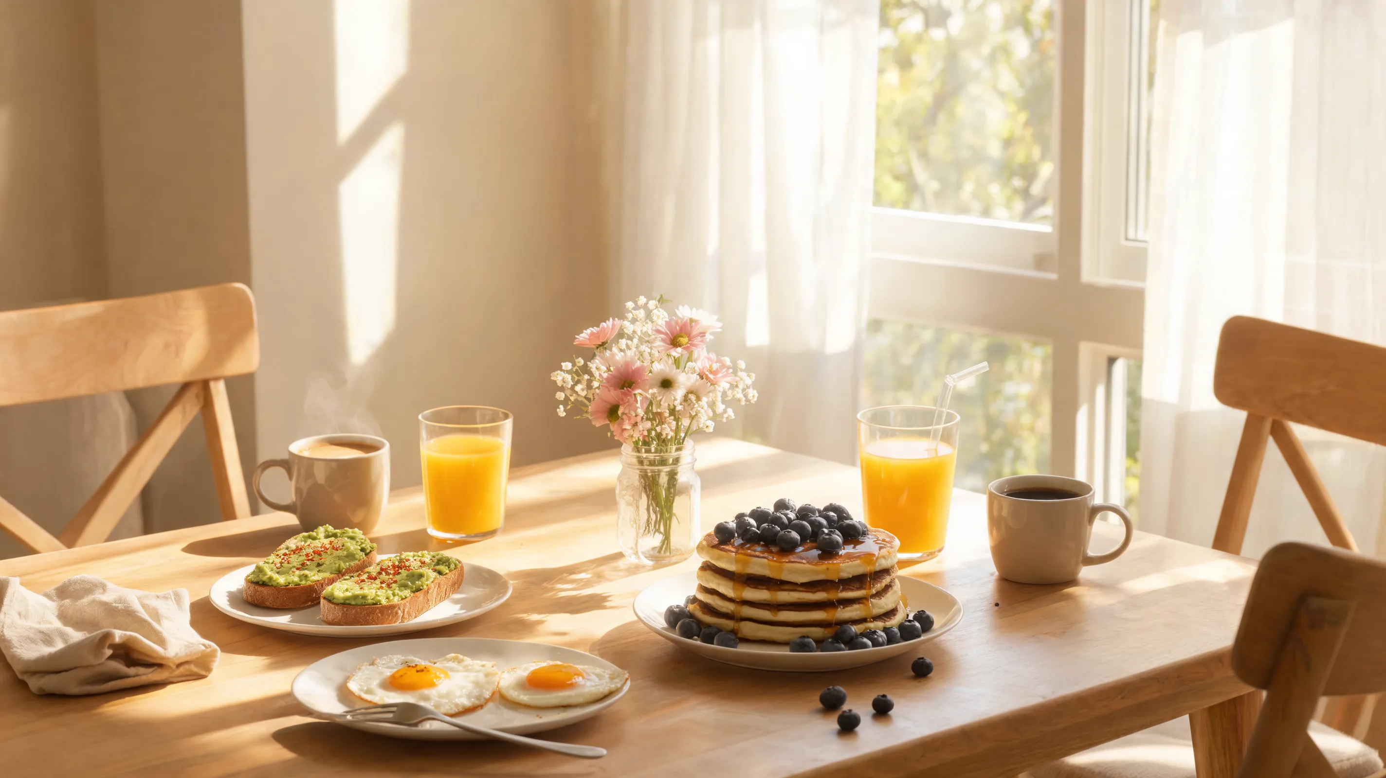 A realistic food photography image showing a weekend family brunch table. On the table are avocado toast, fried eggs, blueberry pancakes, fresh orange juice, coffee, and a small bouquet of flowers. The scene is set in a bright home dining room with sunlight coming through the window. The table setting feels natural, with casual dishes and small lived-in details. Warm, realistic, and suitable for an overseas family recipe blog cover.