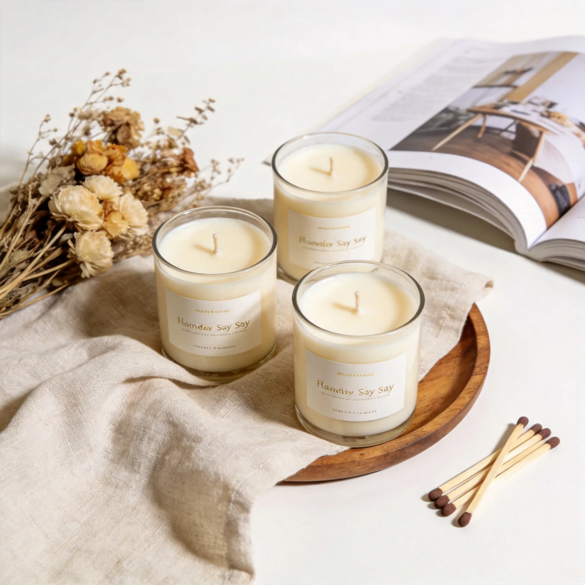 A product photography image suitable for an Etsy shop, featuring three handmade soy candles placed on light linen fabric and a wooden tray. Beside them are dried flowers, matches, and an open magazine. The background is a bright home studio. The style is natural, gentle, and realistic commercial photography. Do not include any Chinese text. The overall image should feel suitable for an overseas lifestyle brand.