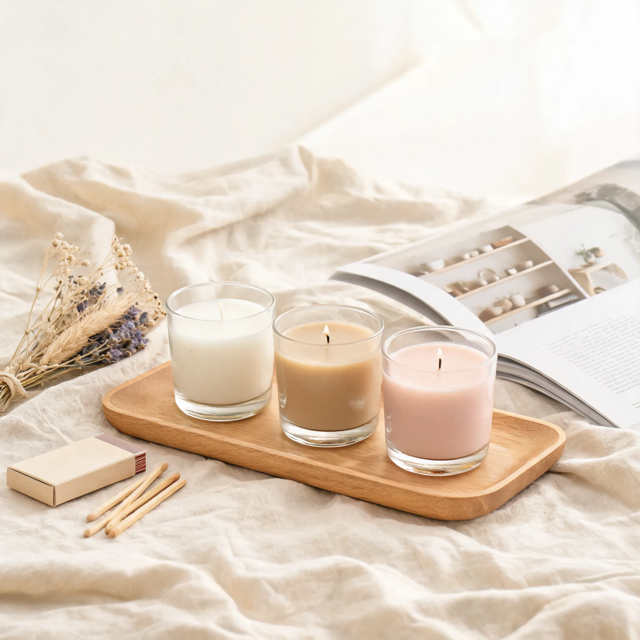 A product photography image suitable for an Etsy shop, featuring three handmade soy candles placed on light linen fabric and a wooden tray. Beside them are dried flowers, matches, and an open magazine. The background is a bright home studio. The style is natural, gentle, and realistic commercial photography. Do not include any Chinese text. The overall image should feel suitable for an overseas lifestyle brand.