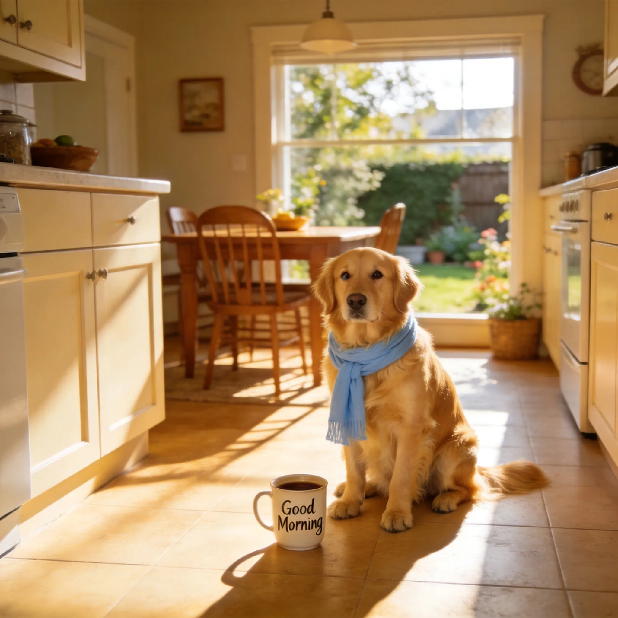 A golden retriever sitting on a sunny kitchen floor, wearing a light blue scarf around its neck. Next to the dog is a coffee cup with the text “Good Morning” on it. The background is a warm American-style family kitchen, with light-colored cabinets, a wooden dining table, and a garden visible through the window. The image feels natural and realistic, like a loving owner captured it with a high-end camera. Warm, cute, clean, and cozy.