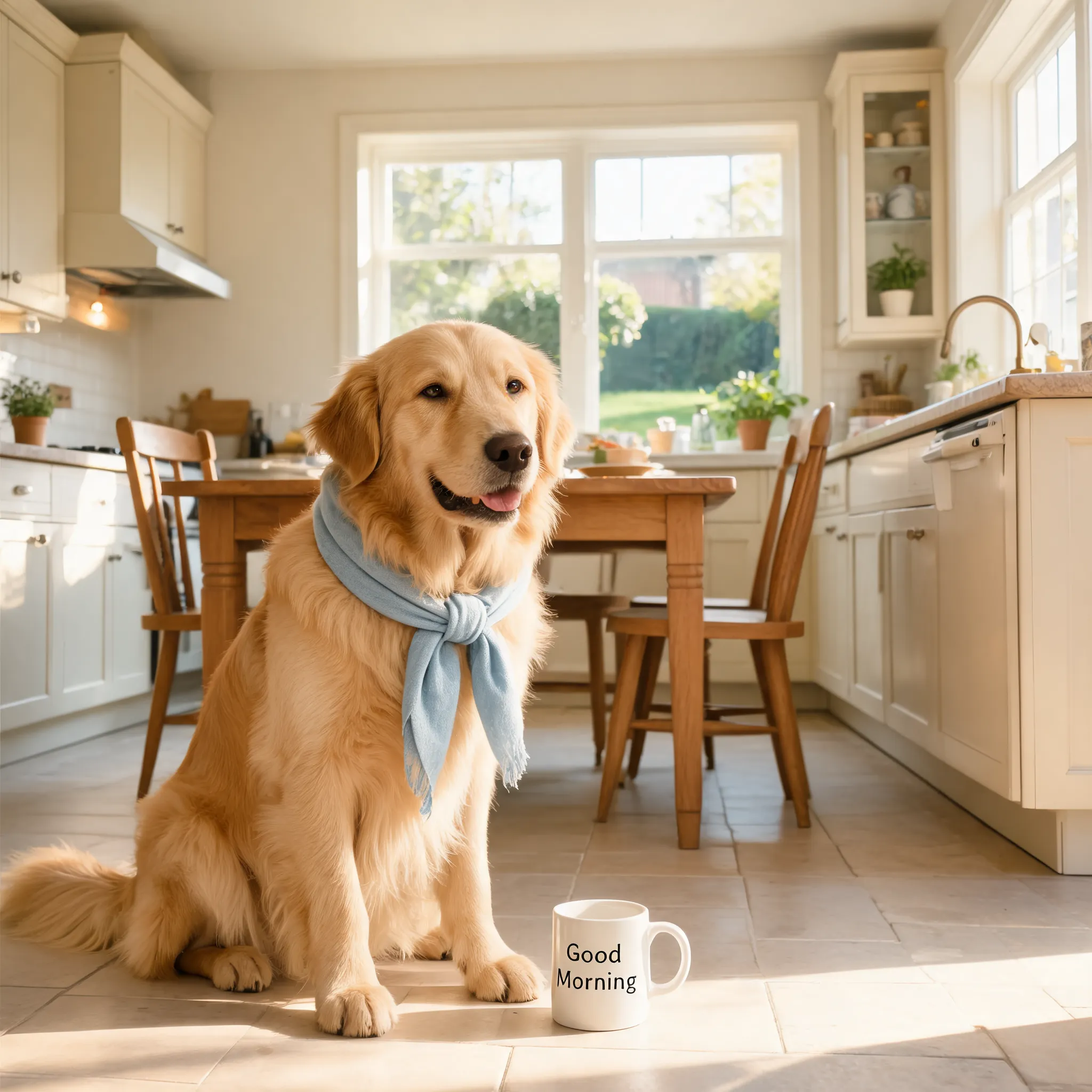 A golden retriever sitting on a sunny kitchen floor, wearing a light blue scarf around its neck. Next to the dog is a coffee cup with the text “Good Morning” on it. The background is a warm American-style family kitchen, with light-colored cabinets, a wooden dining table, and a garden visible through the window. The image feels natural and realistic, like a loving owner captured it with a high-end camera. Warm, cute, clean, and cozy.