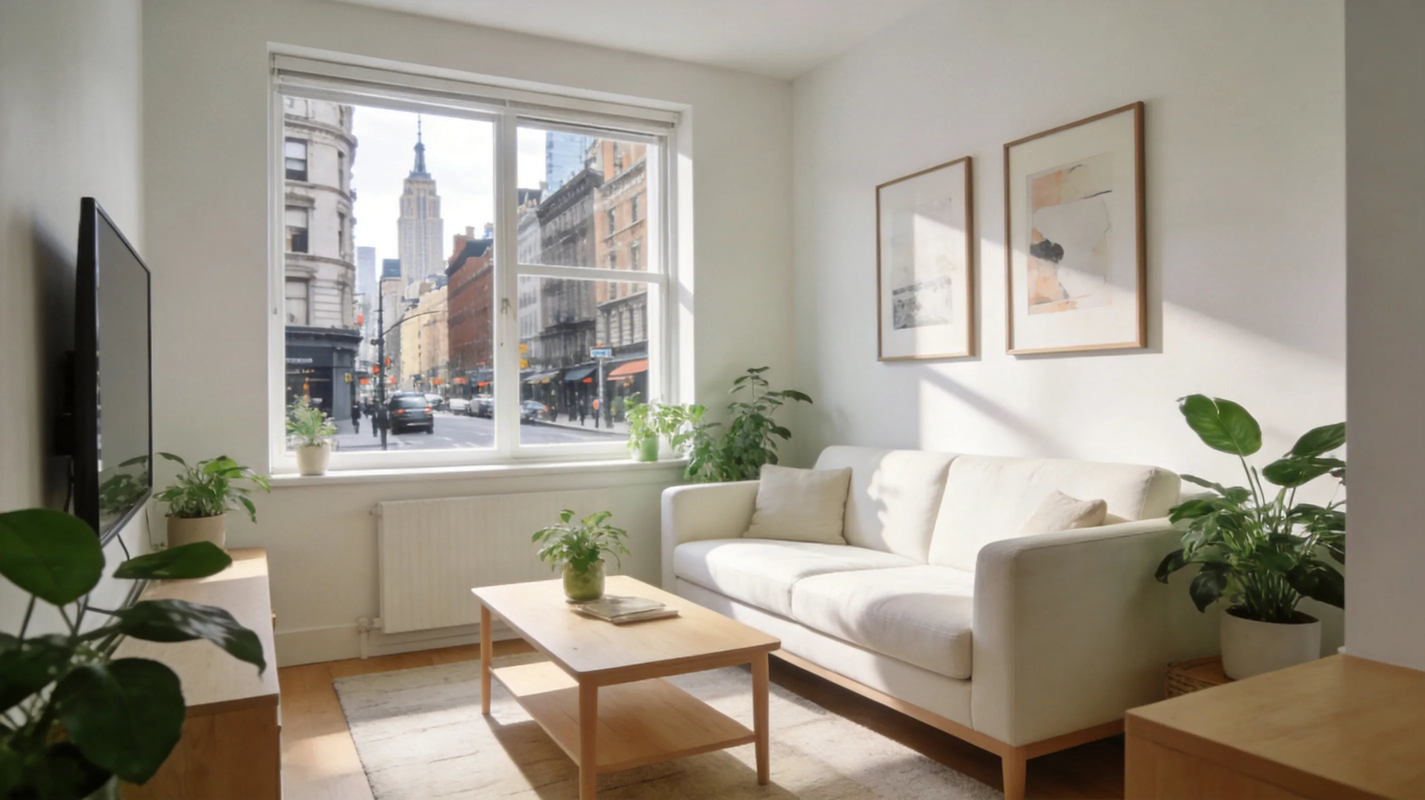 A realistic interior design rendering showing the makeover of a small urban apartment living room. The space is compact but cozy, with an off-white sofa, a light wood coffee table, green plants, and simple framed artwork on the wall. Outside the window is a New York or London street view. The overall style is modern Scandinavian, clean, bright, and suitable for promoting an Airbnb listing. Realistic photography style, natural light, clear details, lived-in but premium.