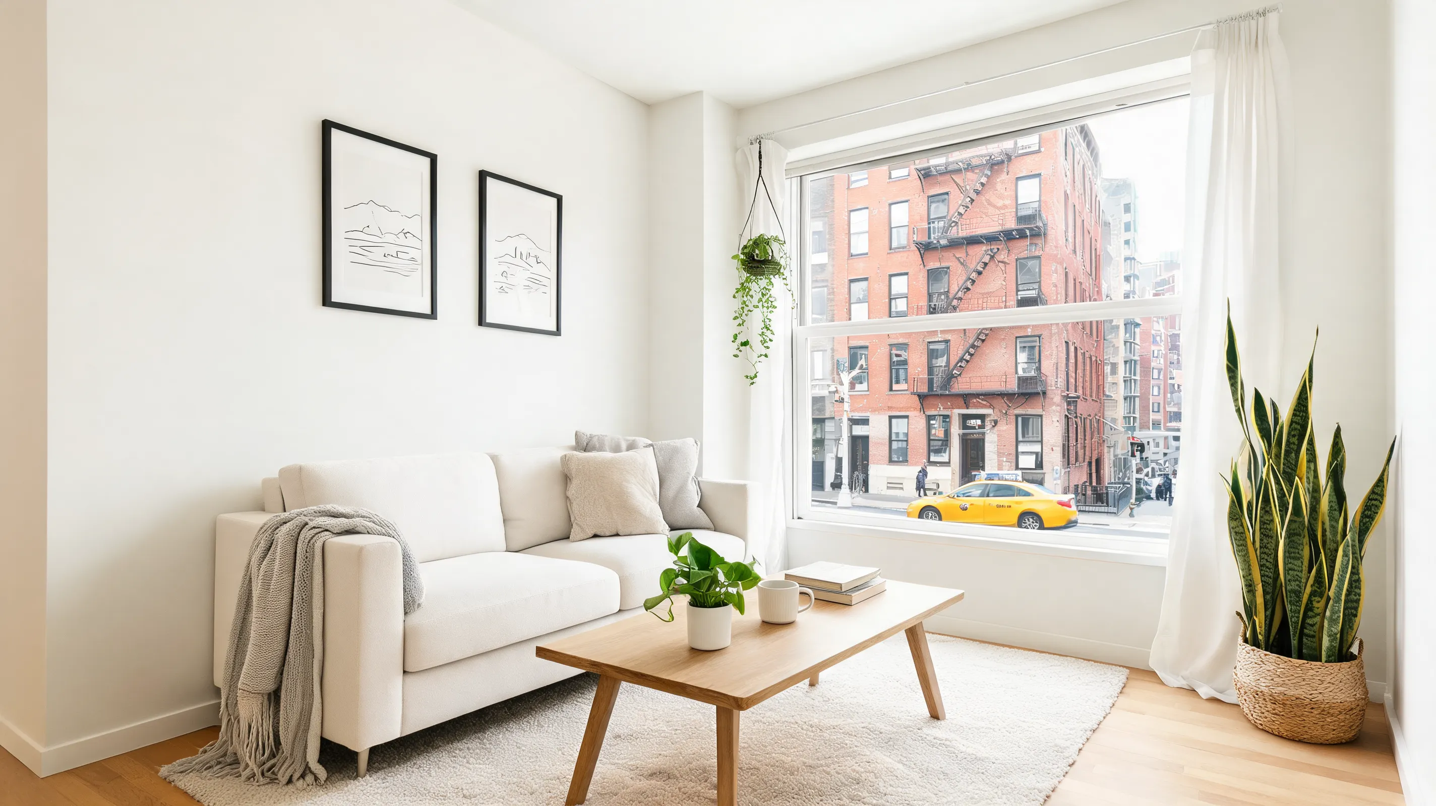 A realistic interior design rendering showing the makeover of a small urban apartment living room. The space is compact but cozy, with an off-white sofa, a light wood coffee table, green plants, and simple framed artwork on the wall. Outside the window is a New York or London street view. The overall style is modern Scandinavian, clean, bright, and suitable for promoting an Airbnb listing. Realistic photography style, natural light, clear details, lived-in but premium.