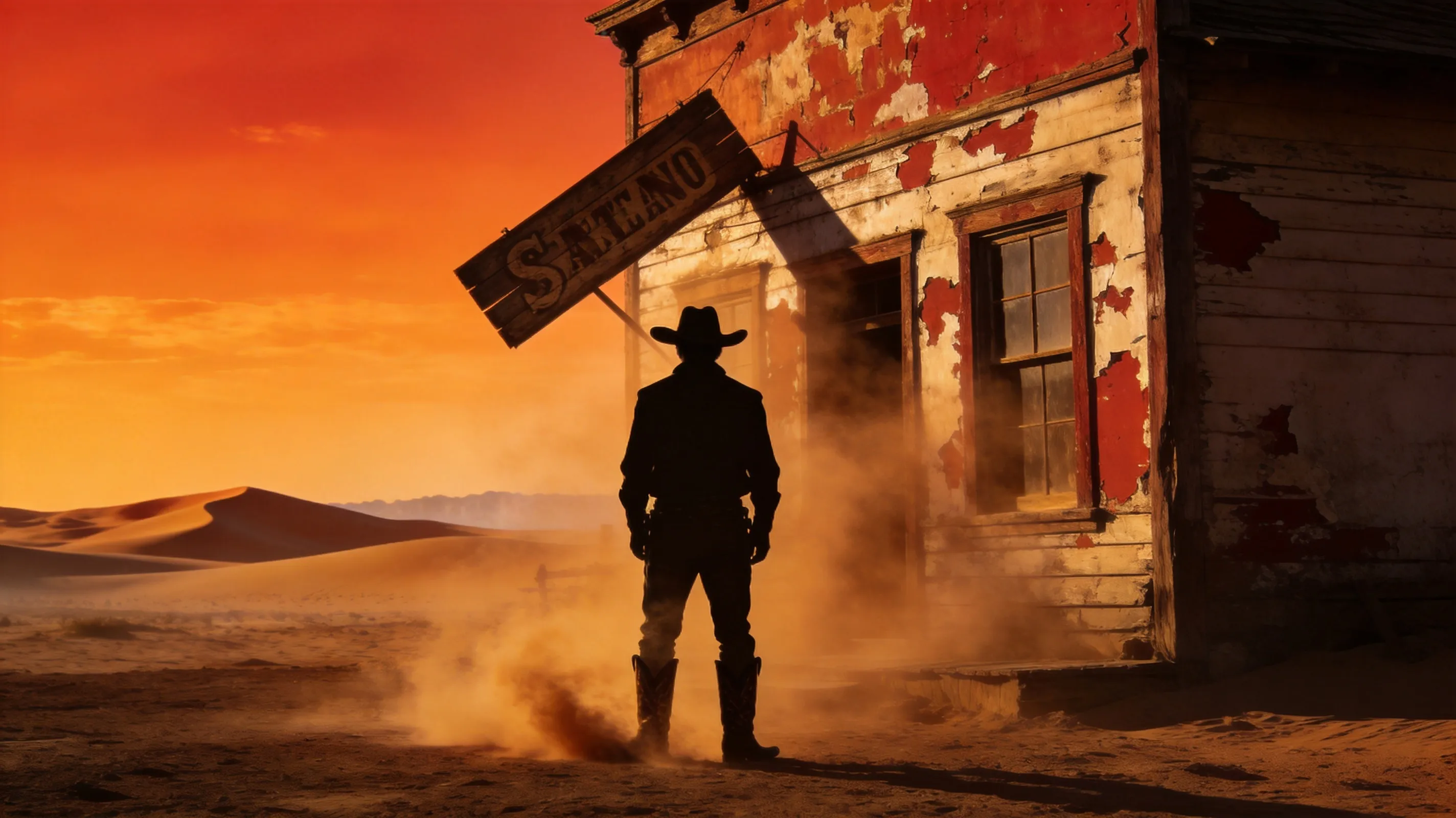 Cowboy silhouette at desert sunset, worn-out saloon, rolling dust