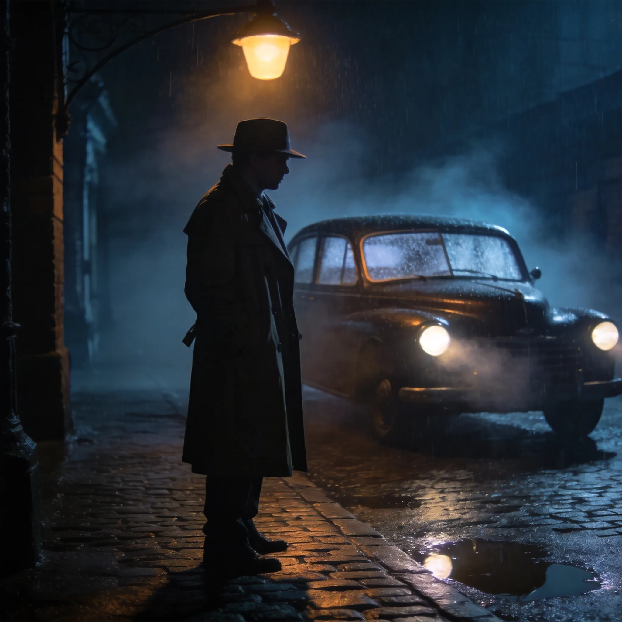 Film noir detective in rainy night, dim streetlights, foggy vintage car