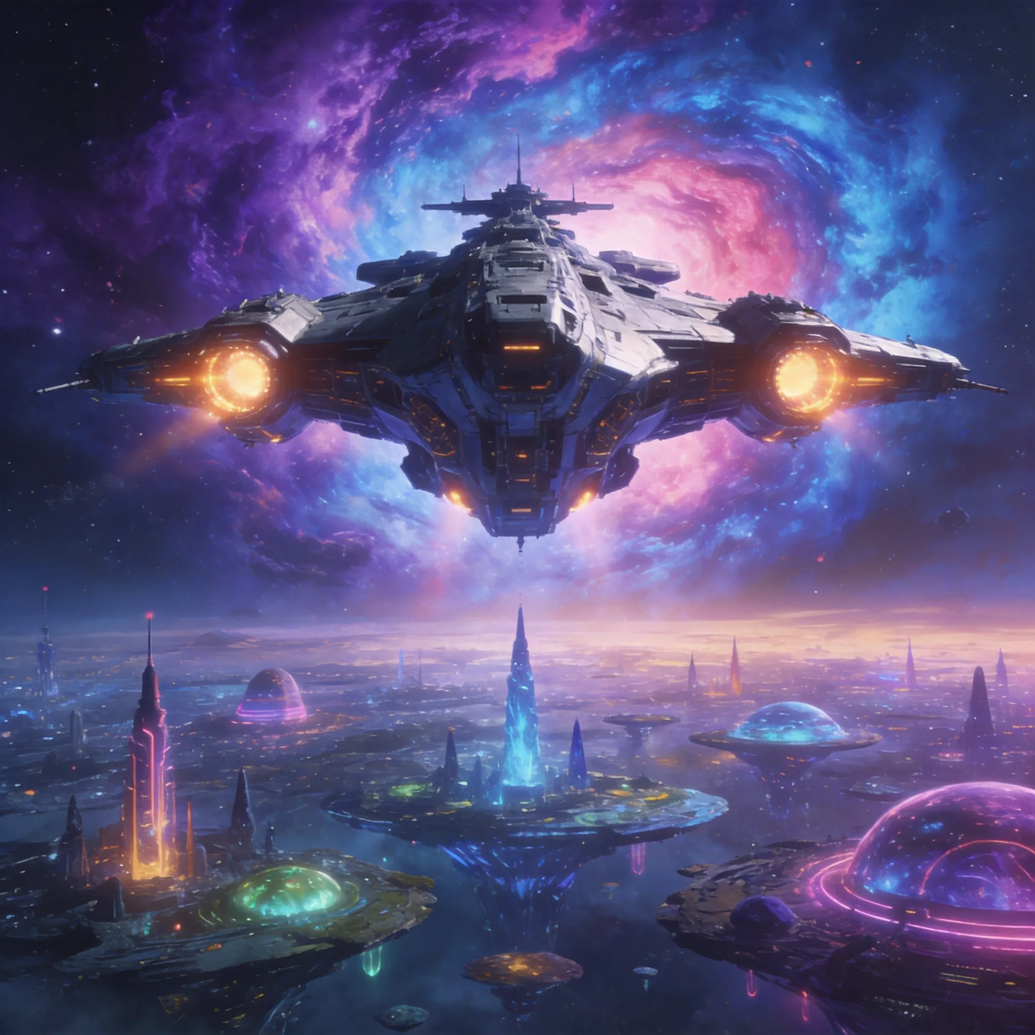 Space battleship, brilliant nebula, alien cityscape
