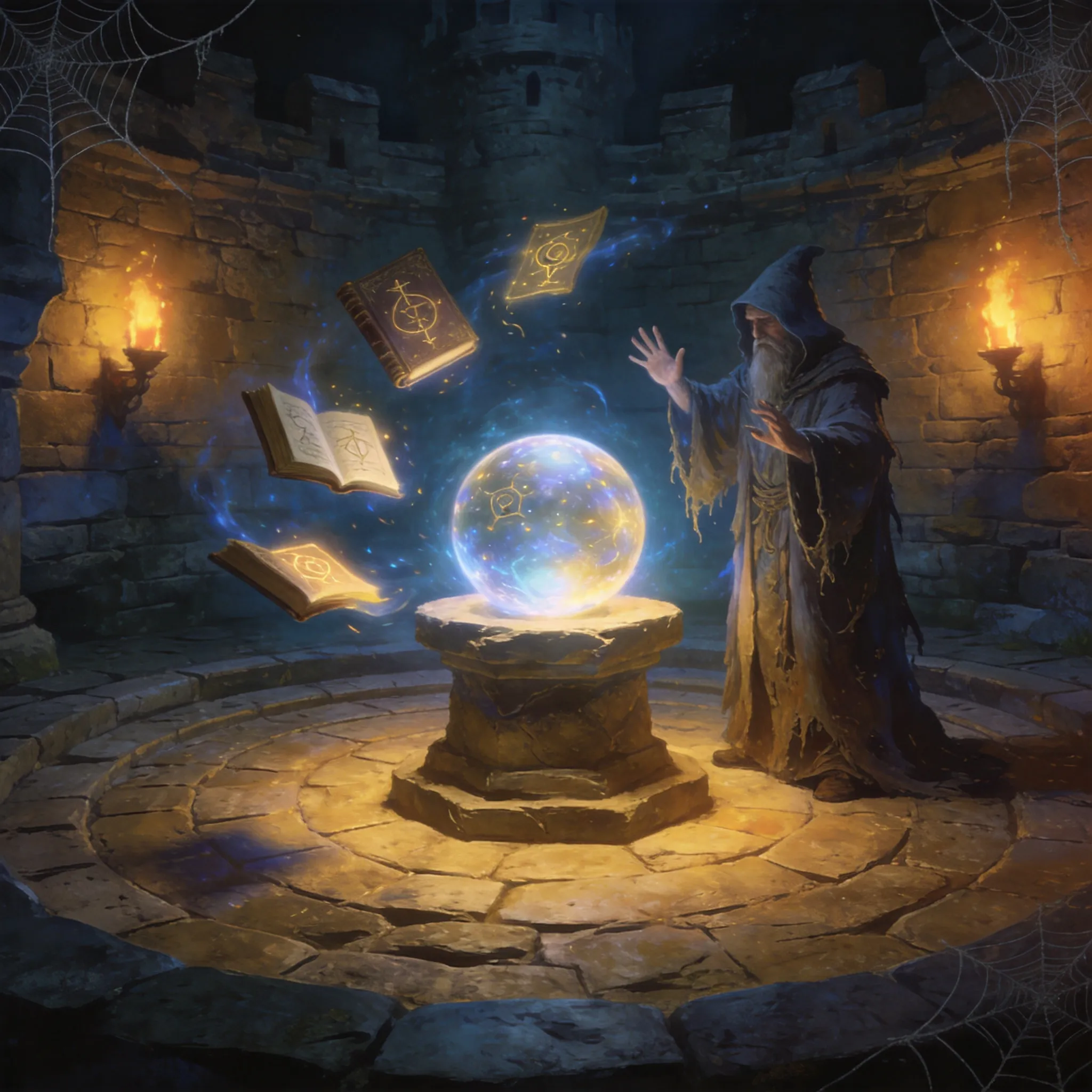 Wizard in ancient castle, floating spellbooks, mystical crystal ball