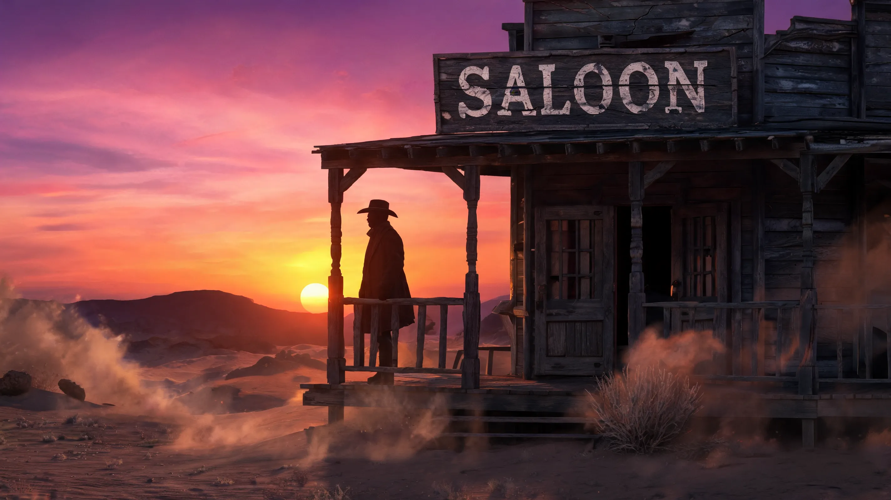 Cowboy silhouette at desert sunset, worn-out saloon, rolling dust
