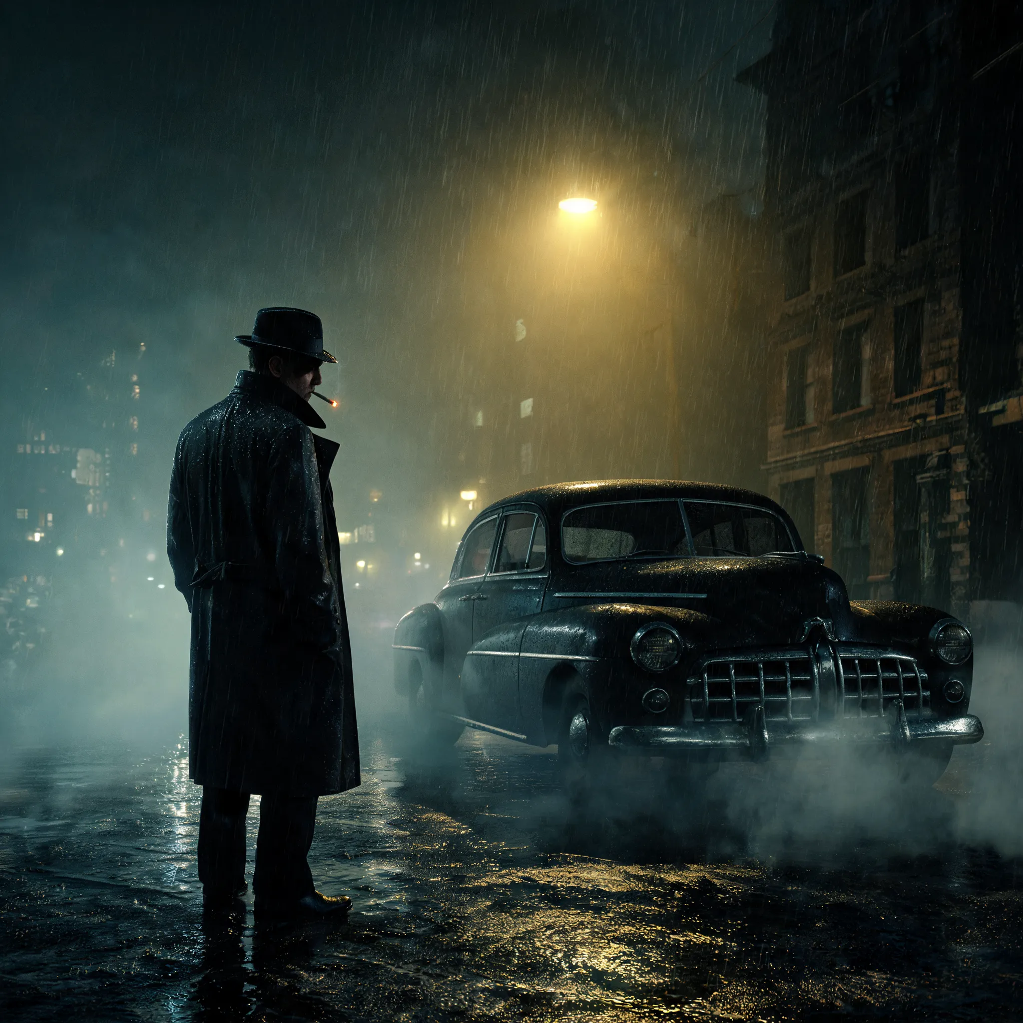Film noir detective in rainy night, dim streetlights, foggy vintage car