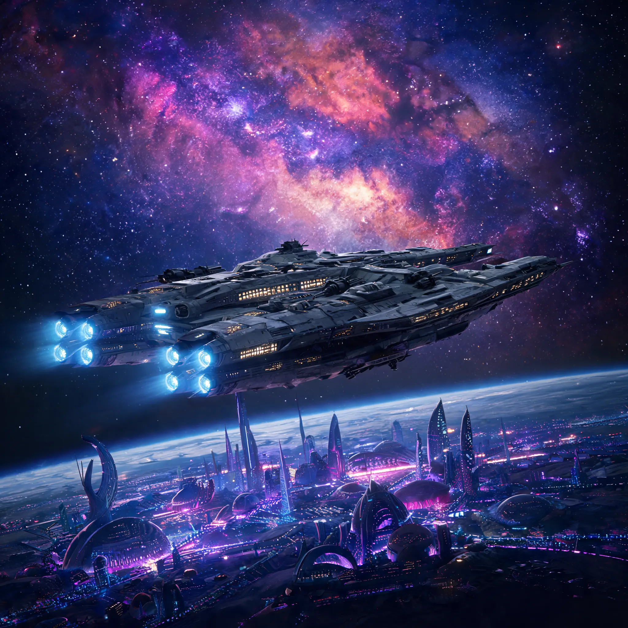 Space battleship, brilliant nebula, alien cityscape