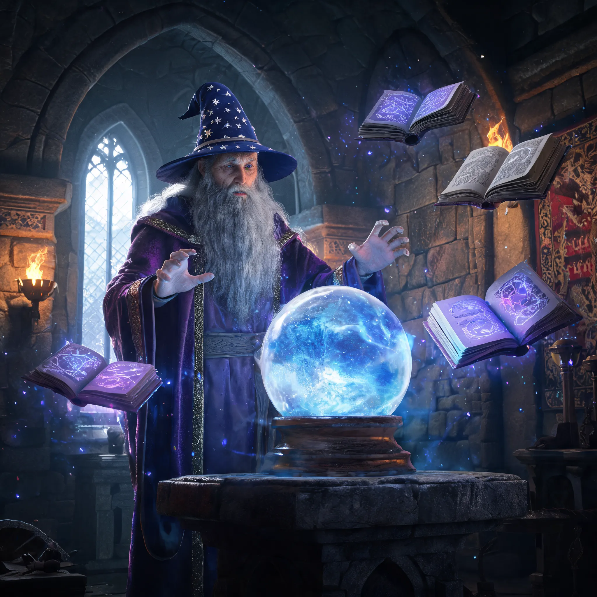 Wizard in ancient castle, floating spellbooks, mystical crystal ball