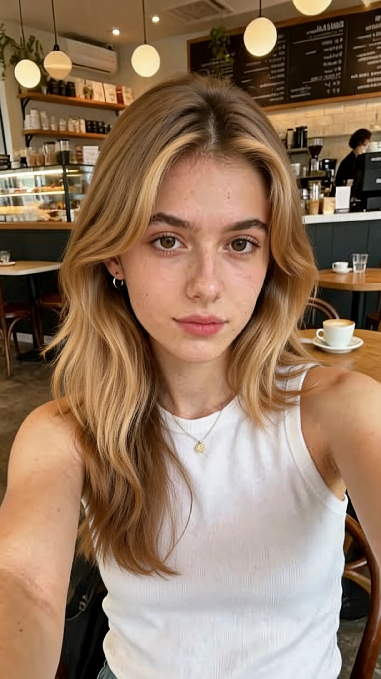 Keep the woman’s facial features, face shape, natural expression, pose, and selfie composition consistent with the reference image. Change her hairstyle to shoulder-length golden brown hair, softly layered, slightly wavy at the ends, with natural volume and realistic hair texture. Keep the outfit and cafe background close to the original image, with soft natural lighting and realistic skin texture. The result should look like a natural lifestyle selfie, not overly retouched. Do not change her identity, age, ethnicity, or facial structure.