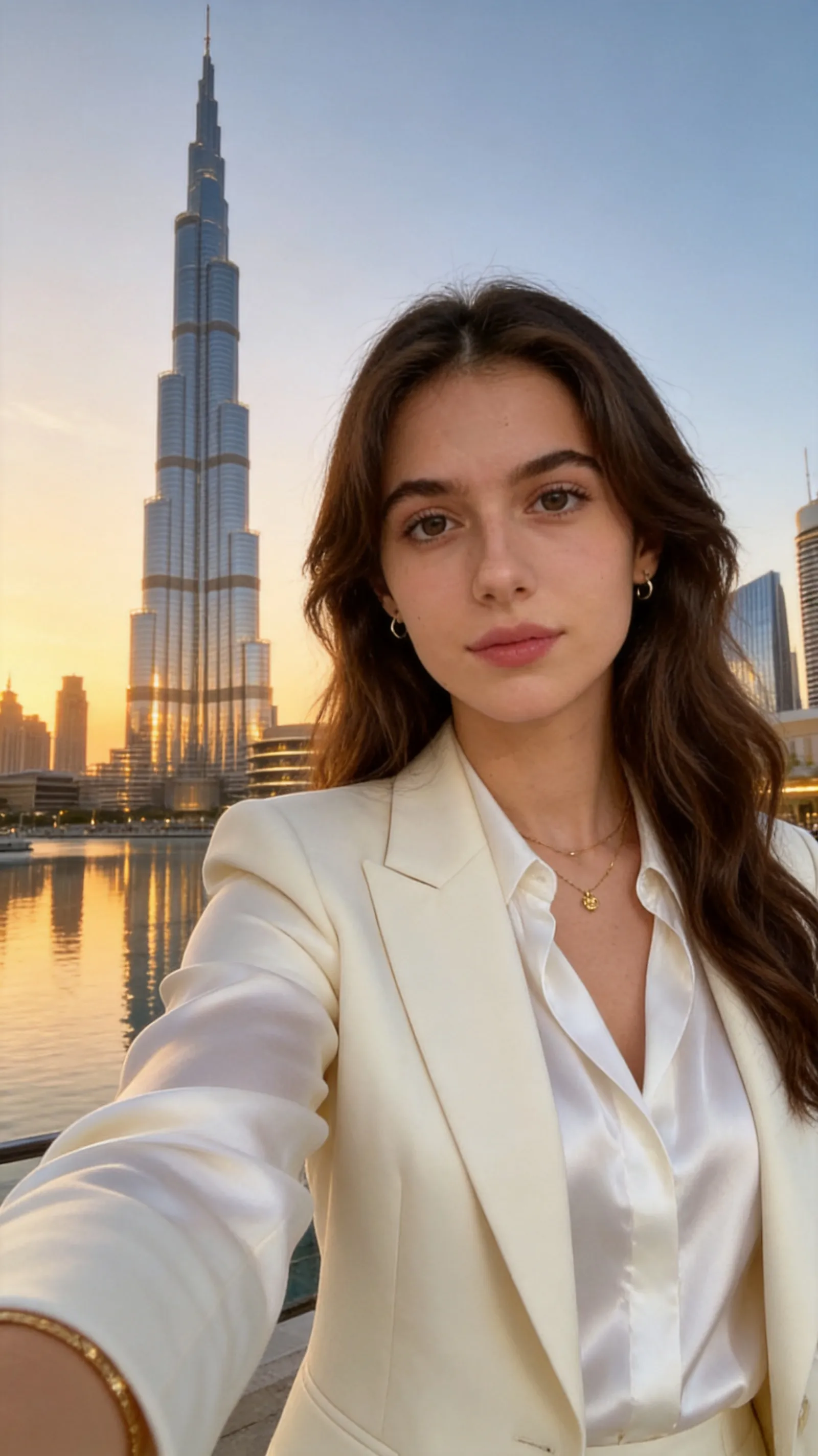 Keep the woman’s facial features, face shape, natural expression, pose, and selfie composition consistent with the reference image. Change the background into a grand luxury Dubai landmark scene with the Burj Khalifa clearly visible behind her, futuristic skyscrapers, reflective glass architecture, warm sunset light, and a glamorous high-end travel atmosphere. Change her outfit into a sophisticated luxury resort look: a white silk blouse, cream tailored blazer, delicate gold jewelry, and refined makeup. The final image should look like a premium international fashion travel campaign photo, realistic lighting, natural skin texture, clear landmark background, elegant, modern, and cinematic. Do not change her identity, age, ethnicity, or facial structure.