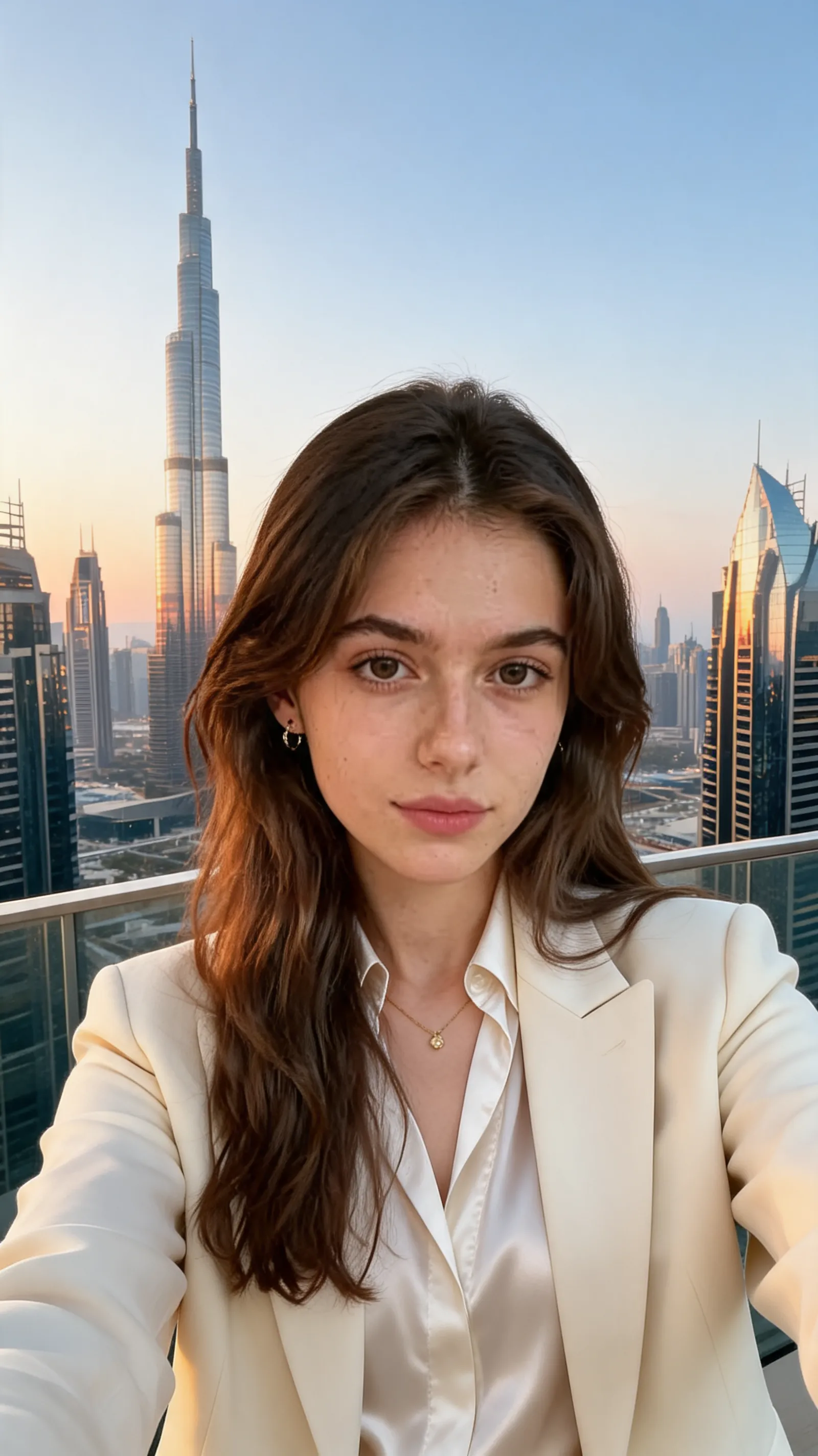 Keep the woman’s facial features, face shape, natural expression, pose, and selfie composition consistent with the reference image. Change the background into a grand luxury Dubai landmark scene with the Burj Khalifa clearly visible behind her, futuristic skyscrapers, reflective glass architecture, warm sunset light, and a glamorous high-end travel atmosphere. Change her outfit into a sophisticated luxury resort look: a white silk blouse, cream tailored blazer, delicate gold jewelry, and refined makeup. The final image should look like a premium international fashion travel campaign photo, realistic lighting, natural skin texture, clear landmark background, elegant, modern, and cinematic. Do not change her identity, age, ethnicity, or facial structure.