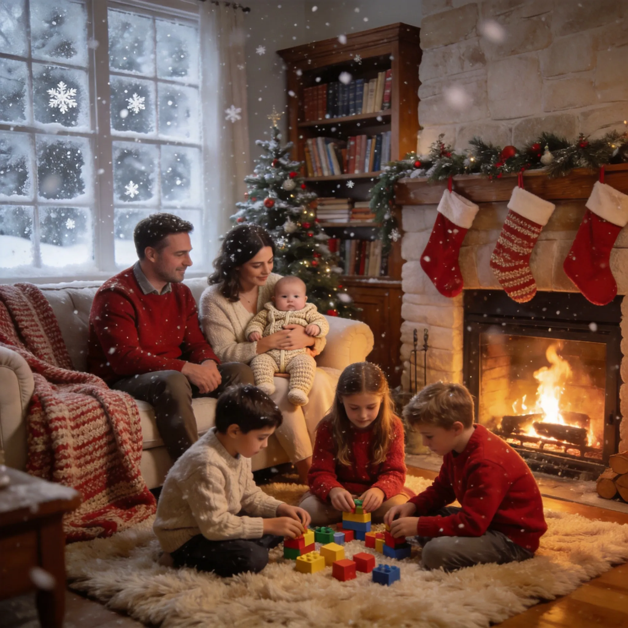 A family gathered around the fireplace in a cozy winter living room, children playing on the carpet, snowflakes falling outside.