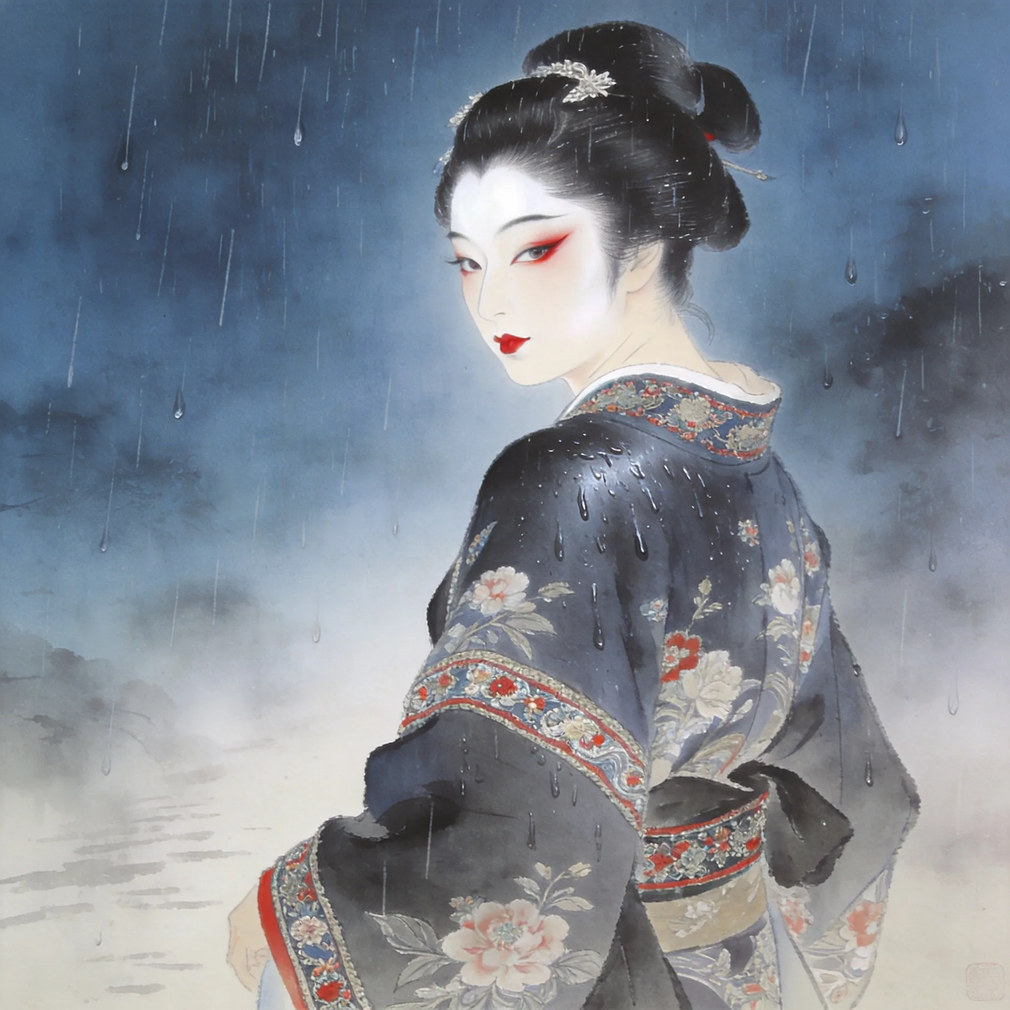Geisha glancing back, intricate makeup, detailed kimono, walking in rain, atmospheric beauty