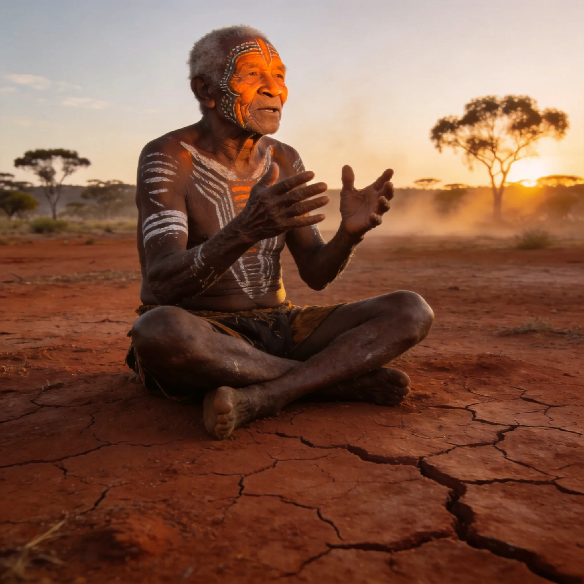 Aboriginal elder storytelling, body paint, sitting on red earth, face illuminated by sunset