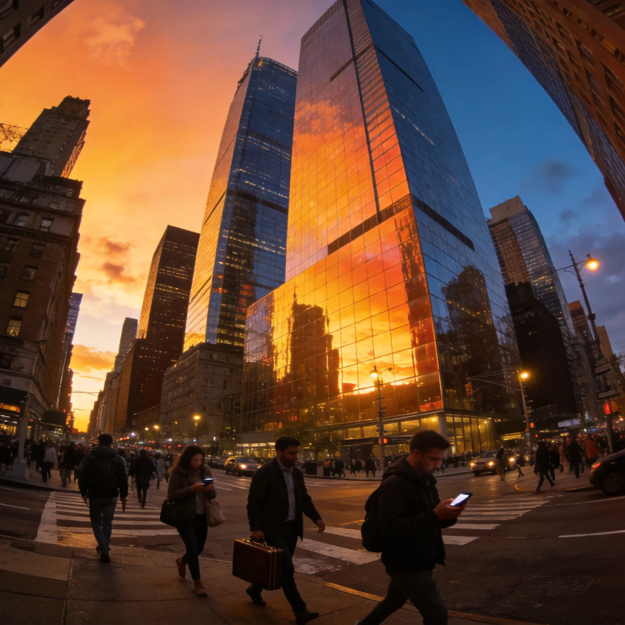 Manhattan at dusk, glass skyscrapers reflecting sunset, busy commuters on the streets below