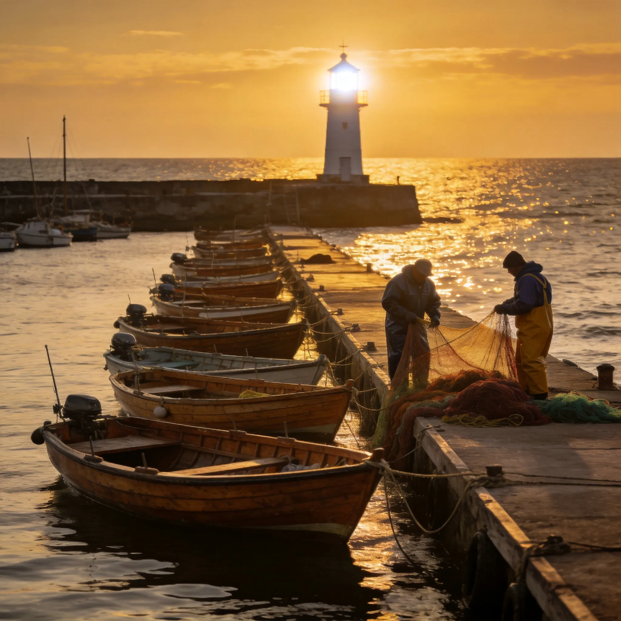 Small fishing harbor at dusk, wooden boats neatly moored, fishermen collecting nets, lighthouse beginning to shine, golden sunlight scattered on the rippling sea